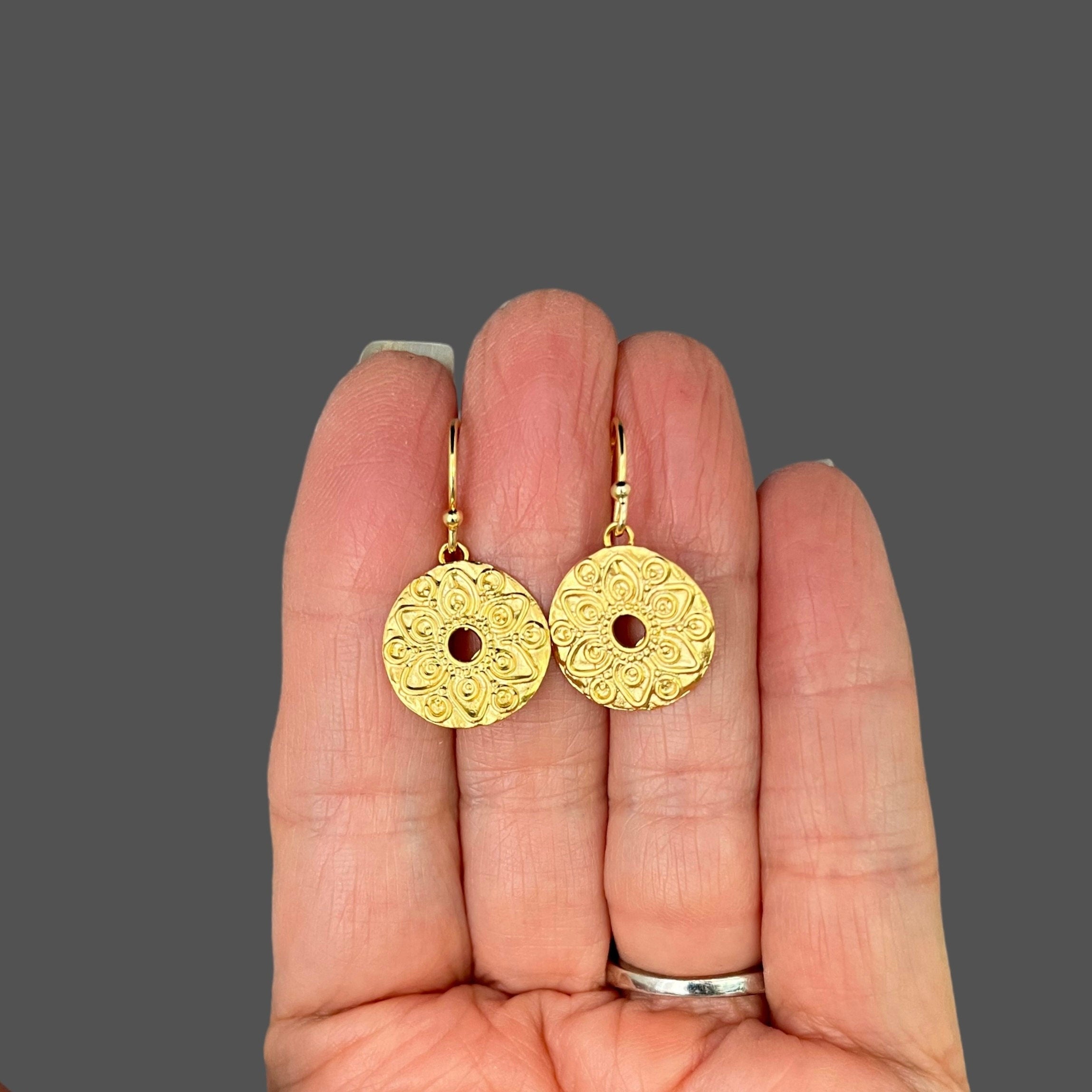 Gold Vermeil Mandala Coin Charm Earrings