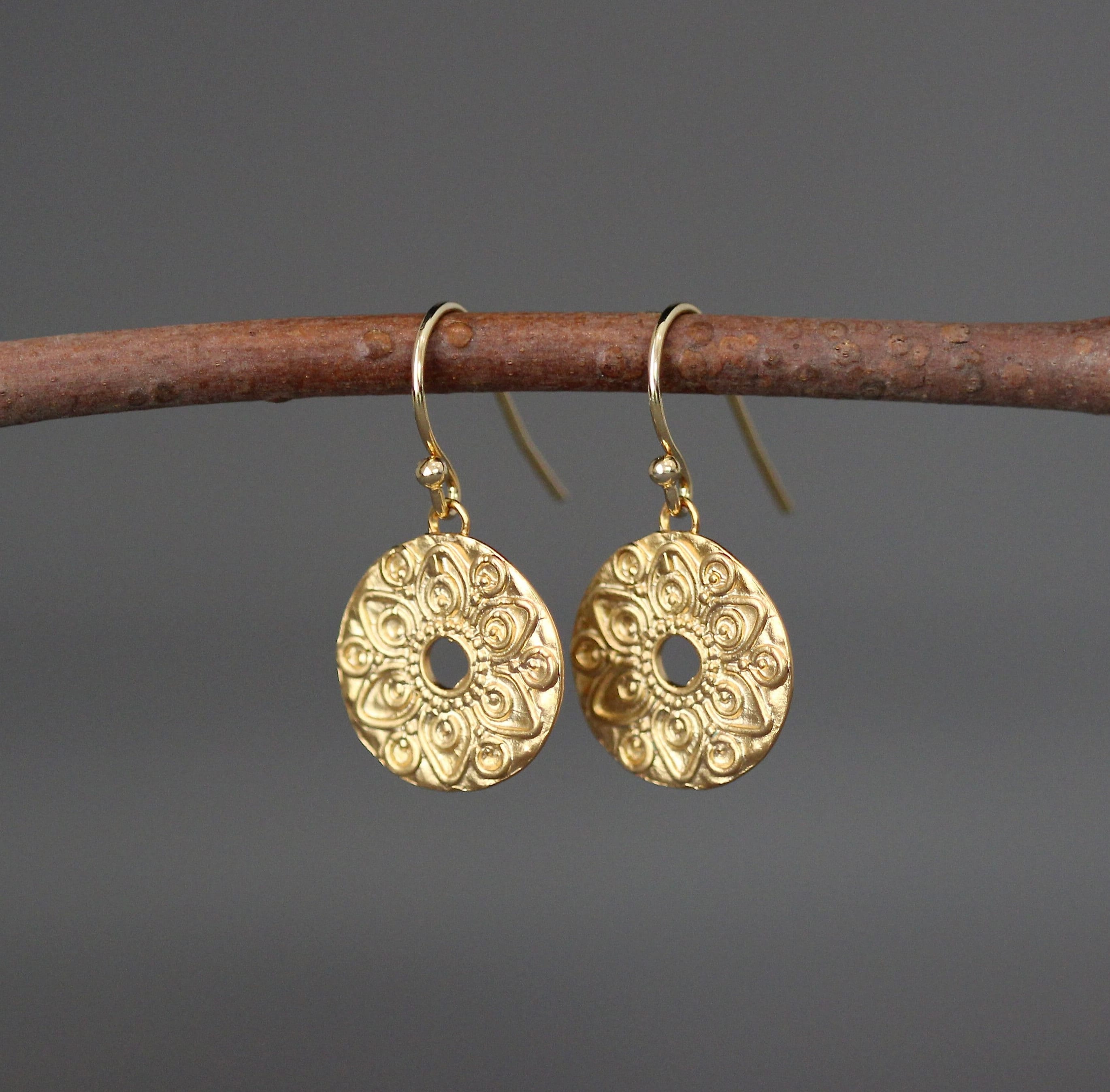 Gold Vermeil Mandala Coin Charm Earrings