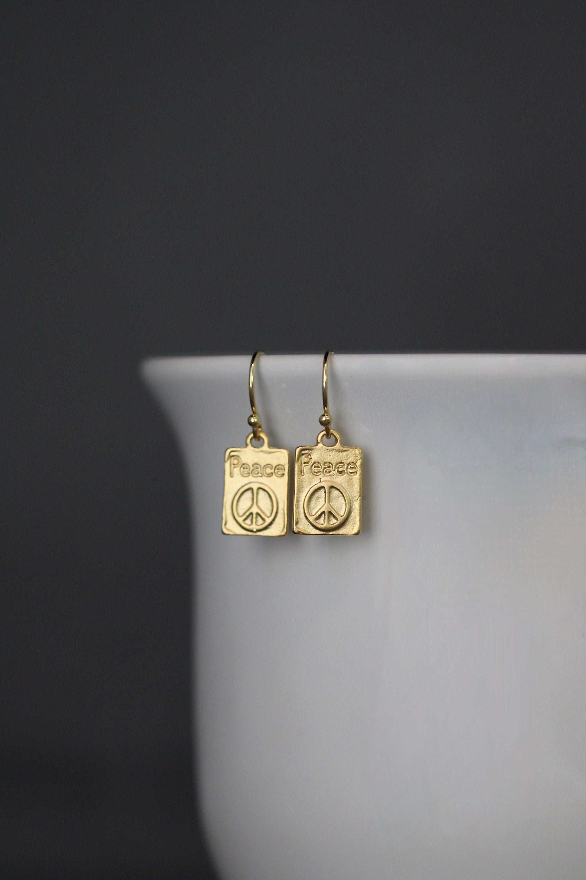 Gold Vermeil Peace Sign Rectangle Charm Dangle Earrings