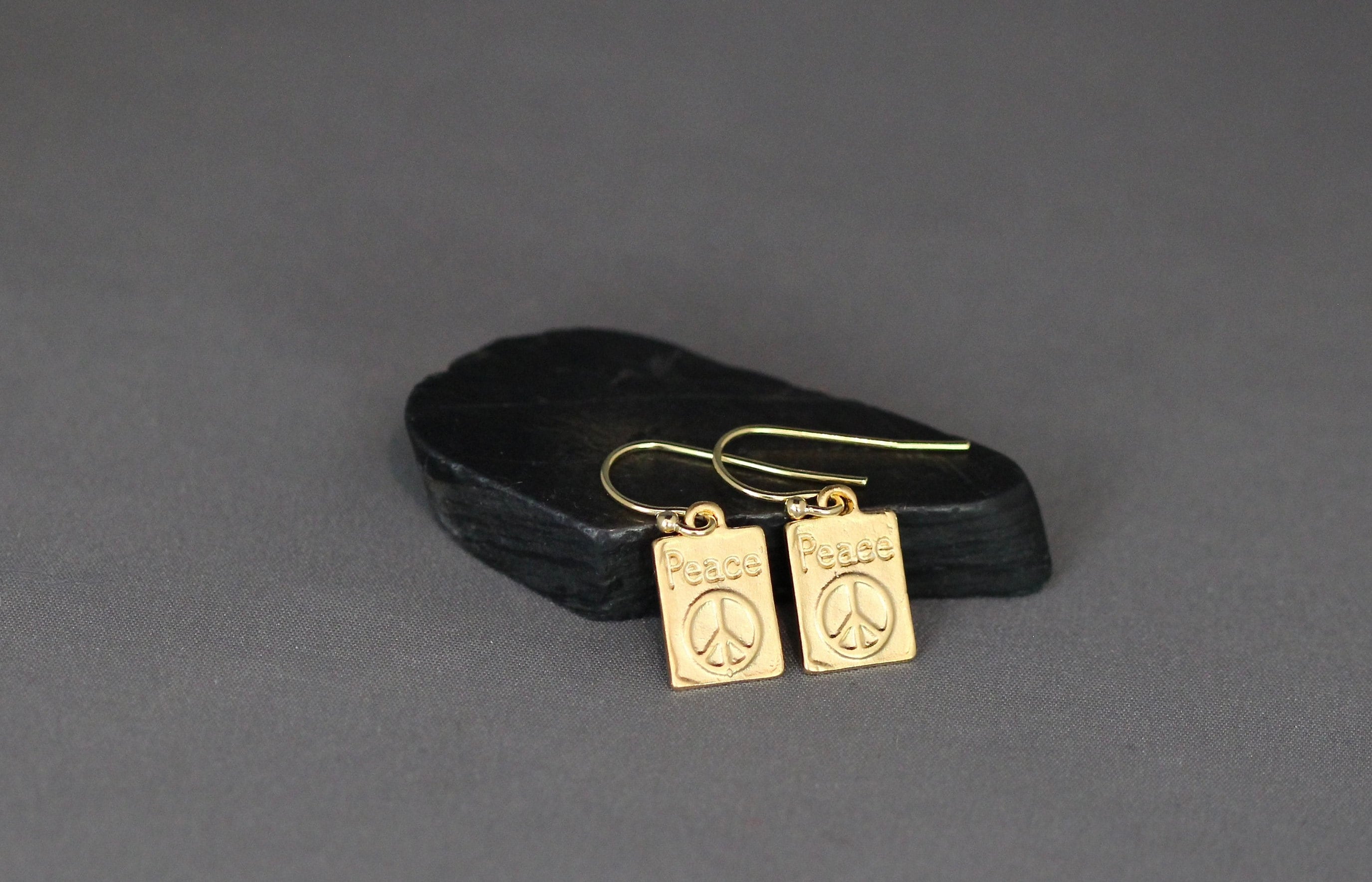 Gold Vermeil Peace Sign Rectangle Charm Dangle Earrings