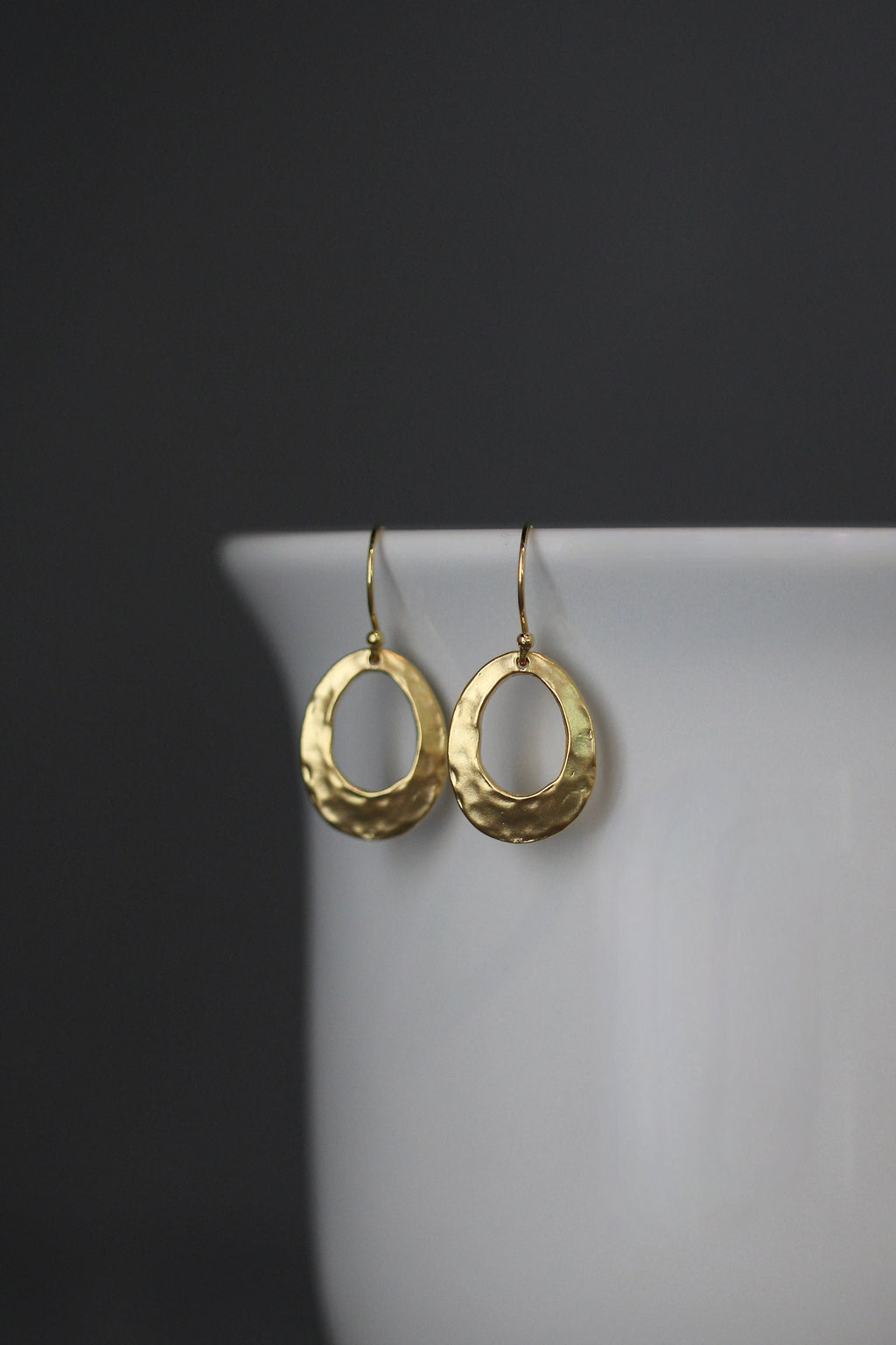 Hammered Matte Gold Vermeil Oval Dangle Earrings