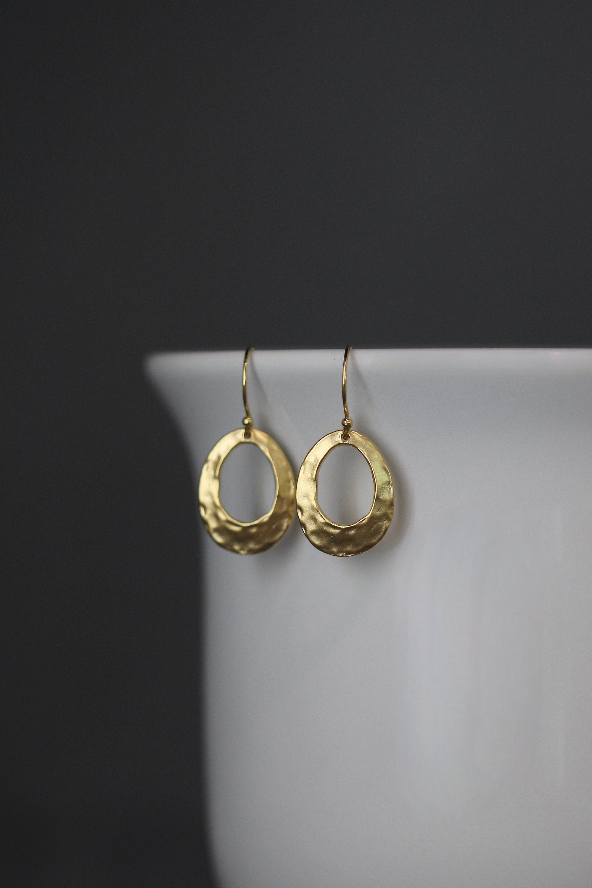 Hammered Matte Gold Vermeil Oval Dangle Earrings