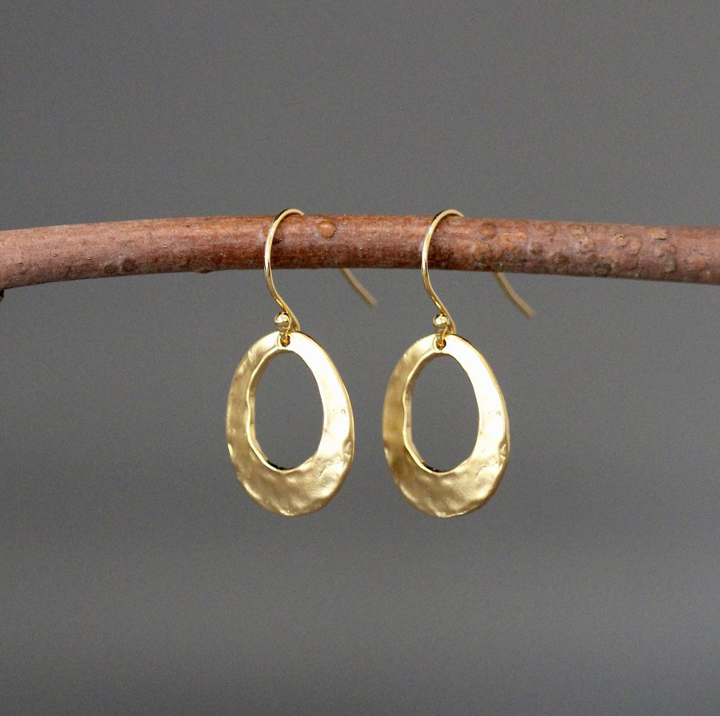 Hammered Matte Gold Vermeil Oval Dangle Earrings