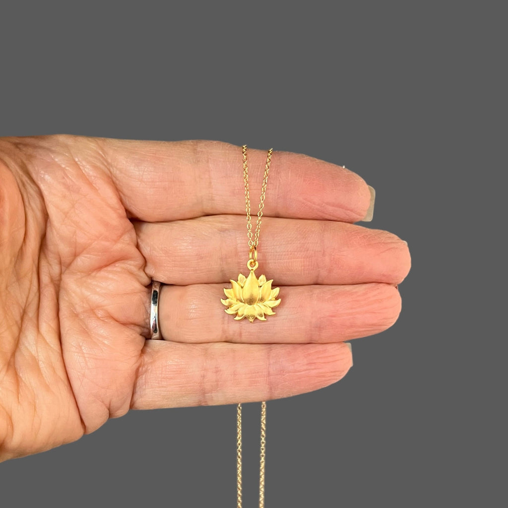 Gold Vermeil Lotus Flower Pendant Necklace on Gold Filled Chain