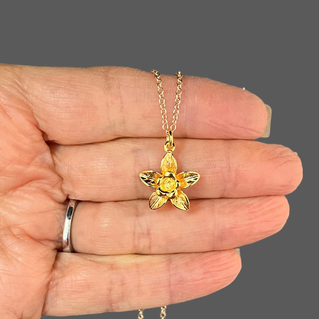 Gold Vermeil Three-Dimensional Five-Petal Flower Pendant Necklace