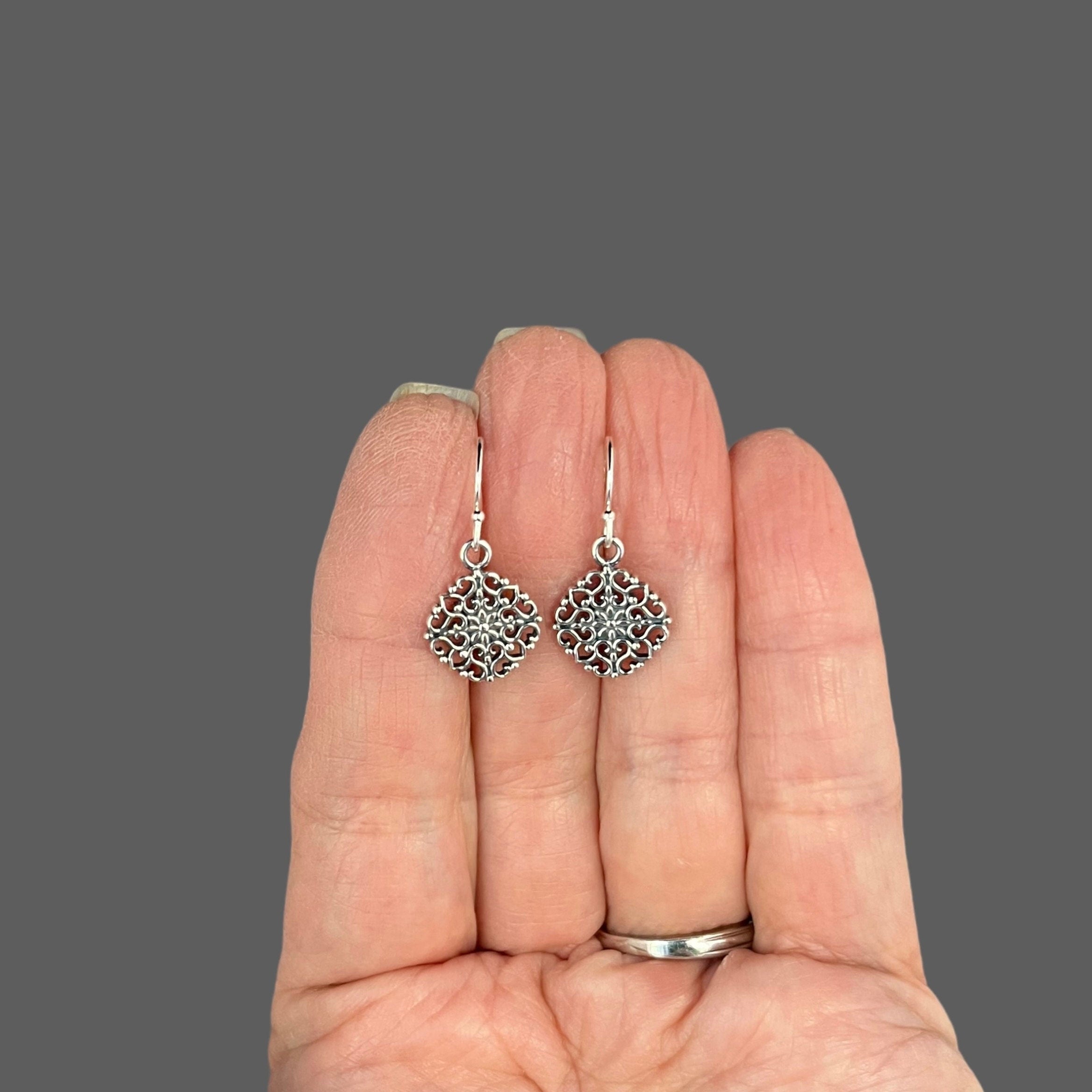 Bali Sterling Silver Filigree Floral Charm Dangle Earrings