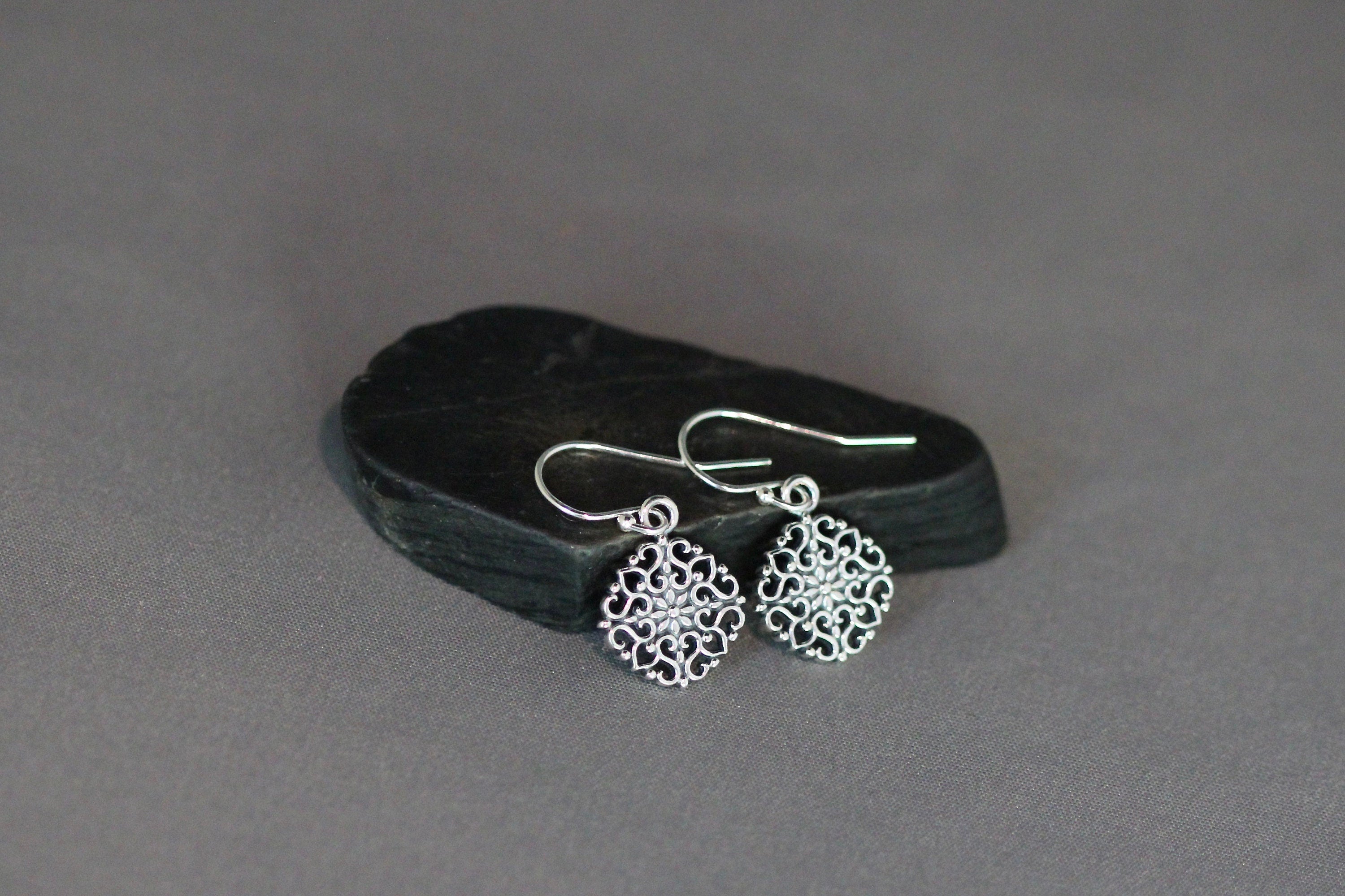 Bali Sterling Silver Filigree Floral Charm Dangle Earrings