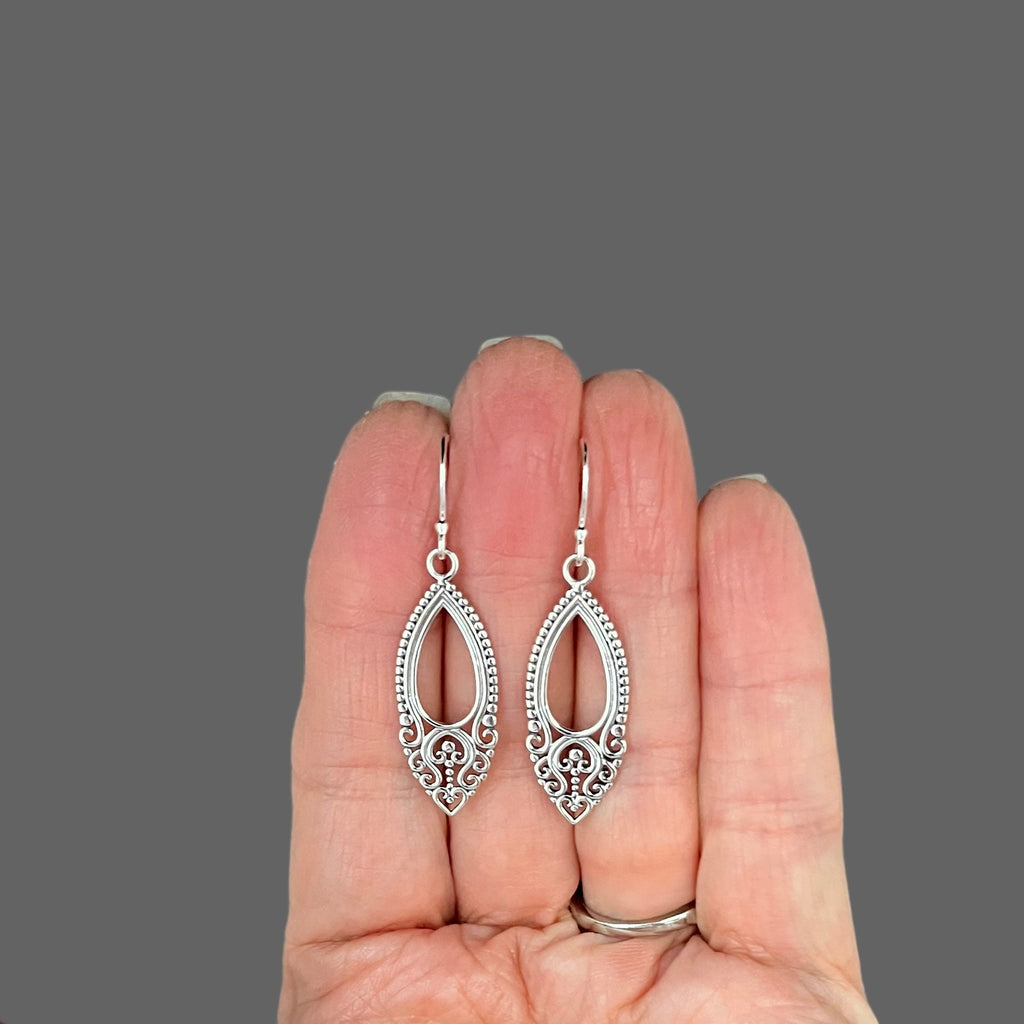 Long Bali Silver Filigree Charm Dangle Earrings