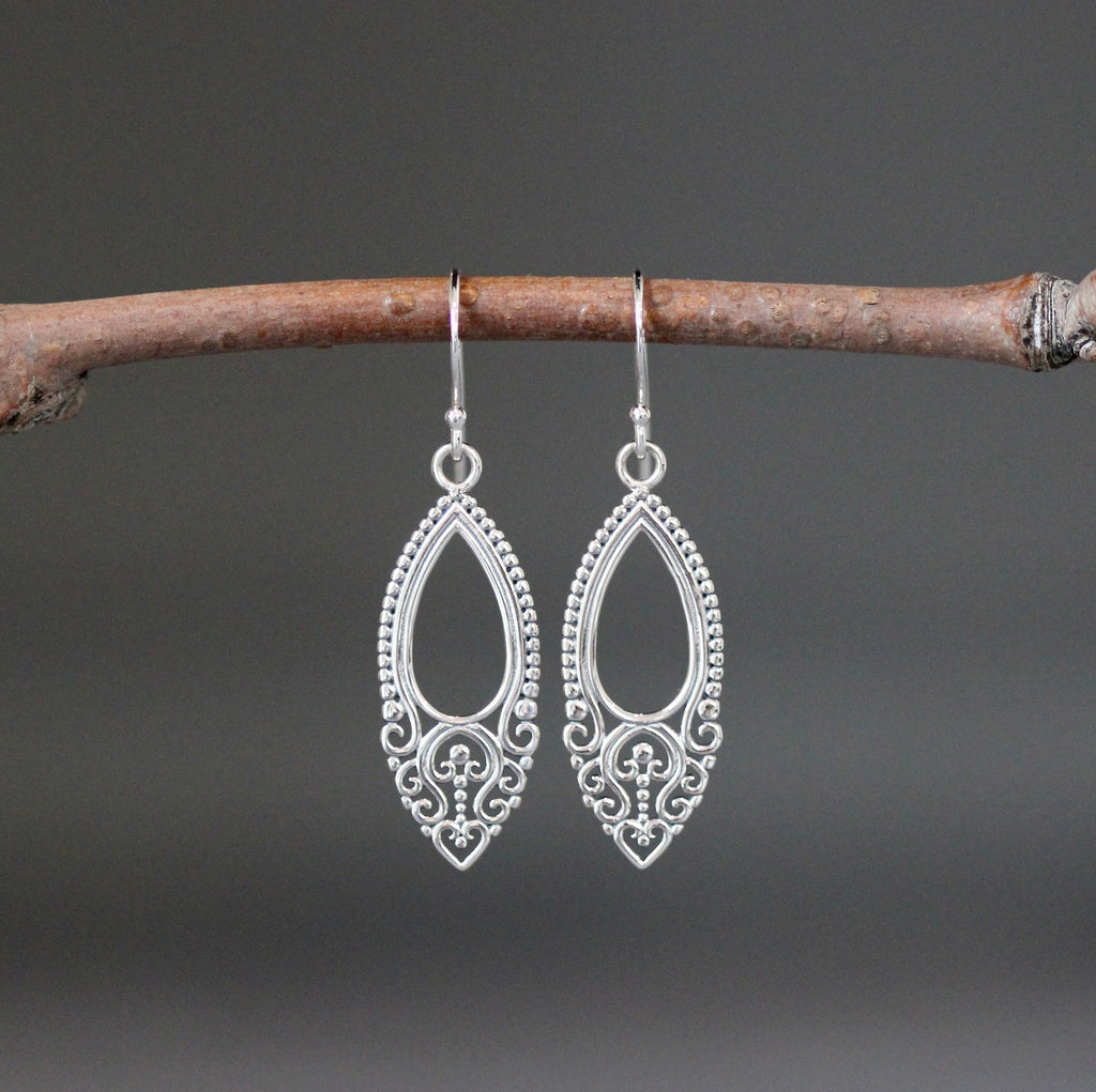 Long Bali Silver Filigree Charm Dangle Earrings