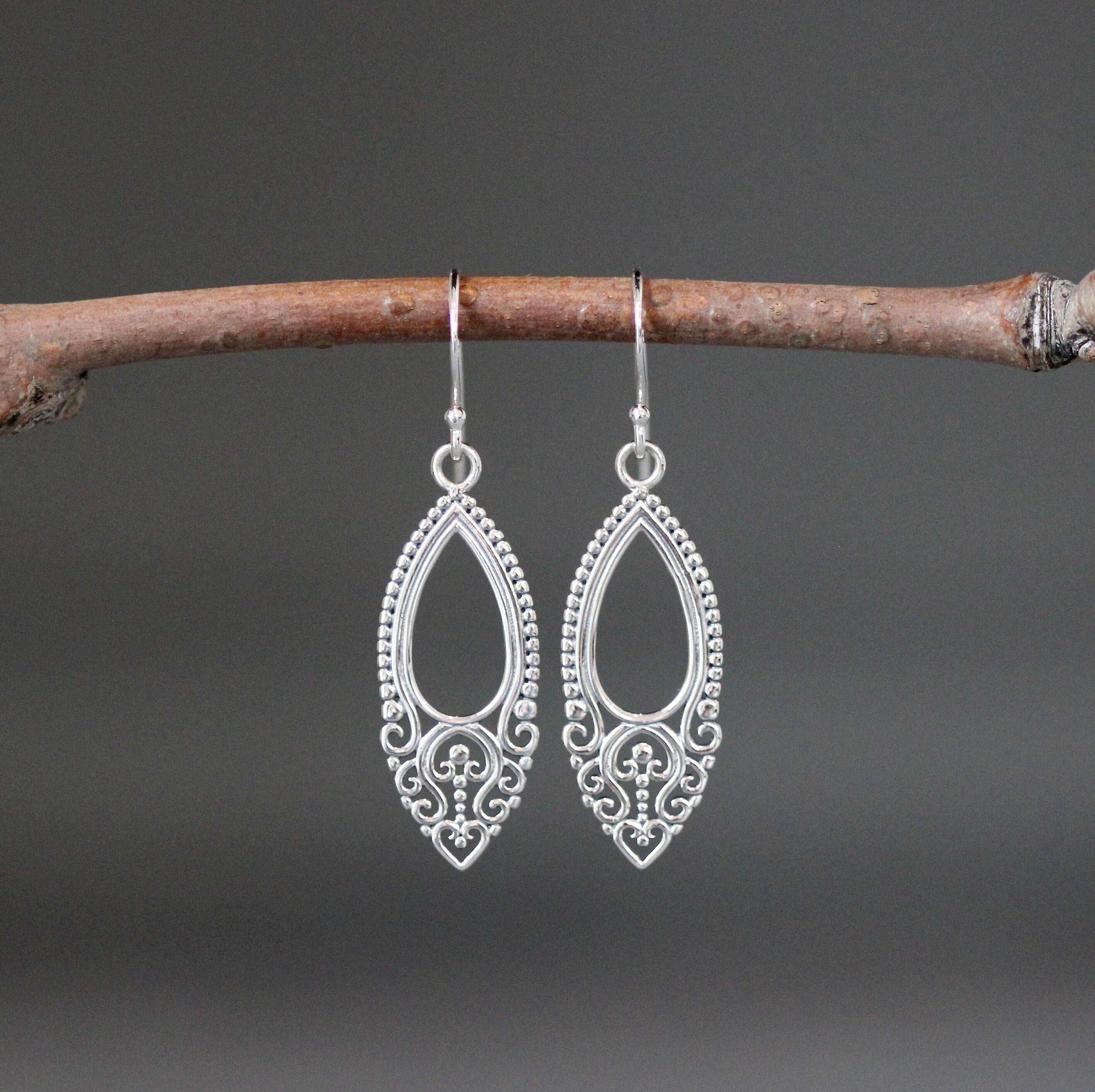 Long Bali Silver Filigree Charm Dangle Earrings