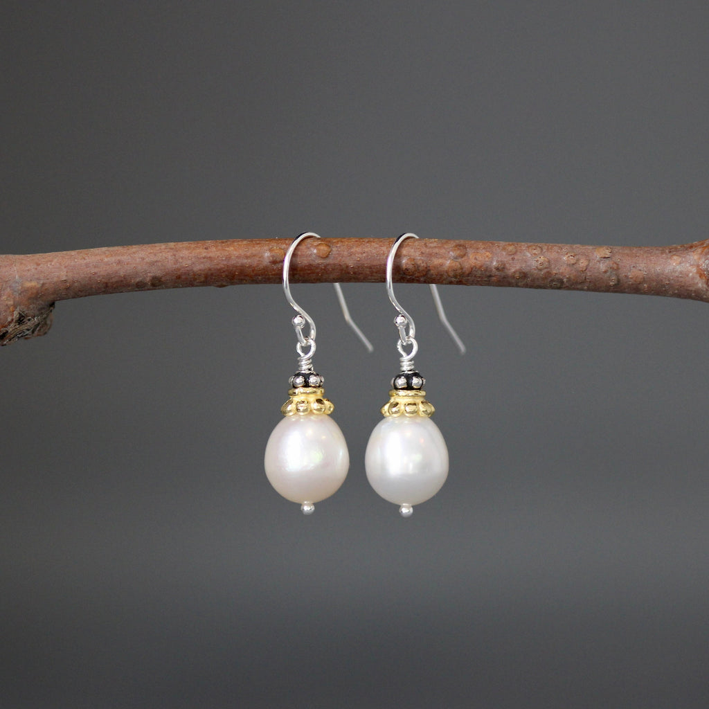 Freshwater Pearl Earrings with Gold Vermeil Caps and Bali Sterling Silver Beads