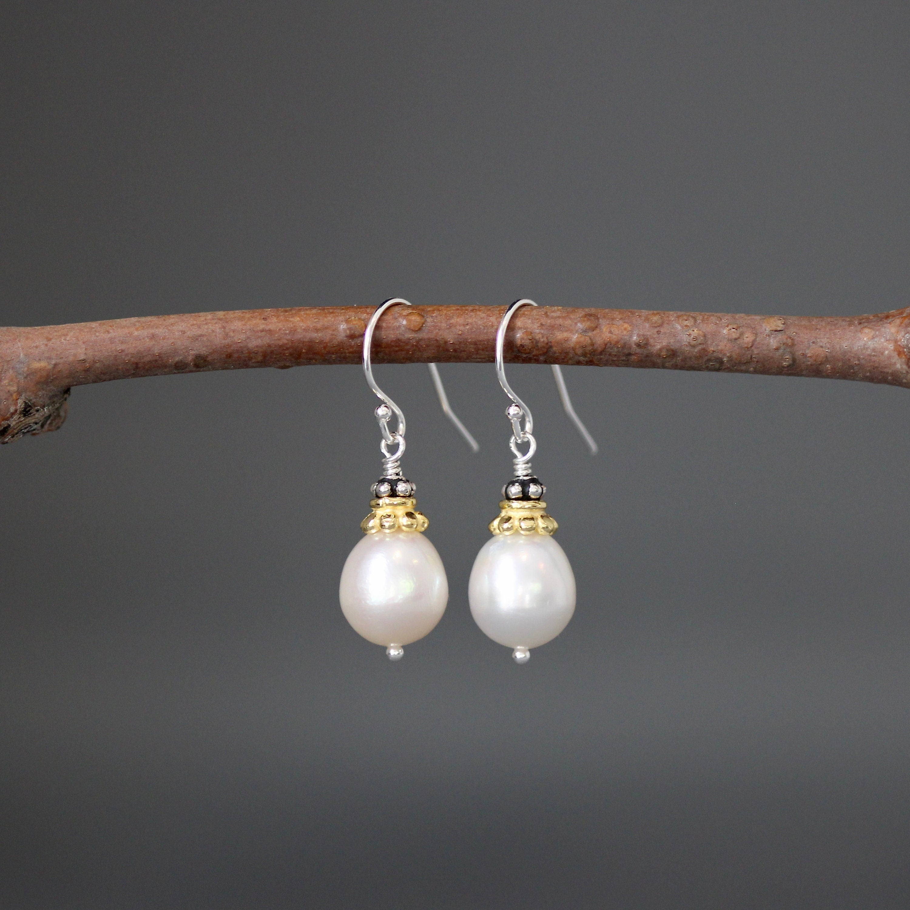 Freshwater Pearl Earrings with Gold Vermeil Caps and Bali Sterling Silver Beads