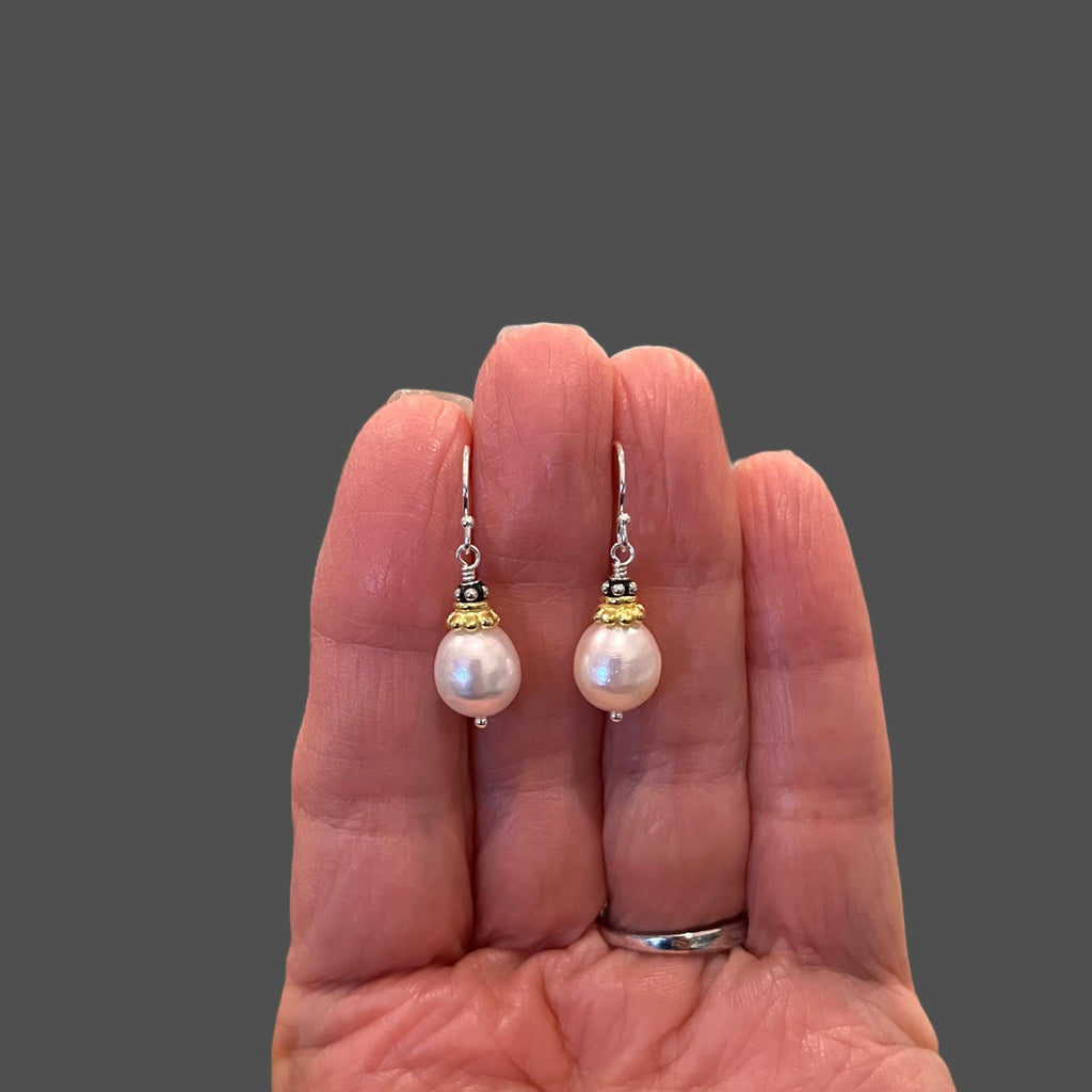 Freshwater Pearl Earrings with Gold Vermeil Caps and Bali Sterling Silver Beads