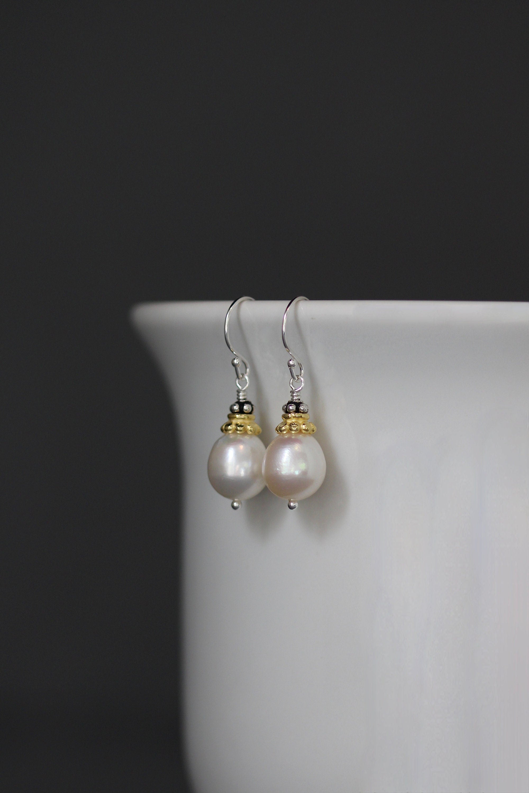 Freshwater Pearl Earrings with Gold Vermeil Caps and Bali Sterling Silver Beads