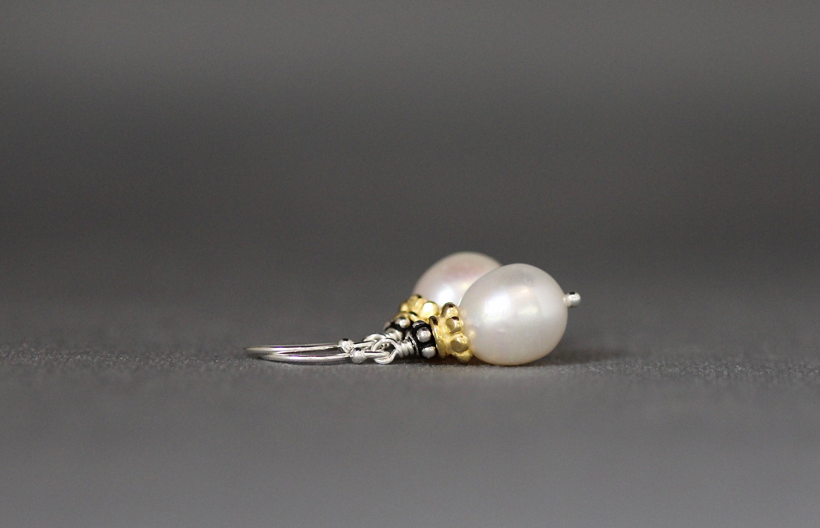 Freshwater Pearl Earrings with Gold Vermeil Caps and Bali Sterling Silver Beads
