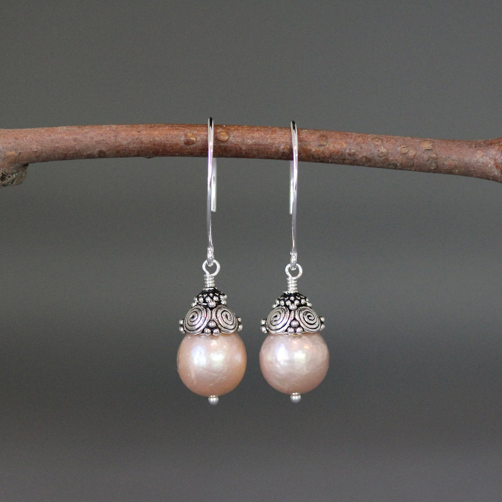 Pink Baroque Freshwater Pearl Earrings with Double Bali Sterling Silver Caps