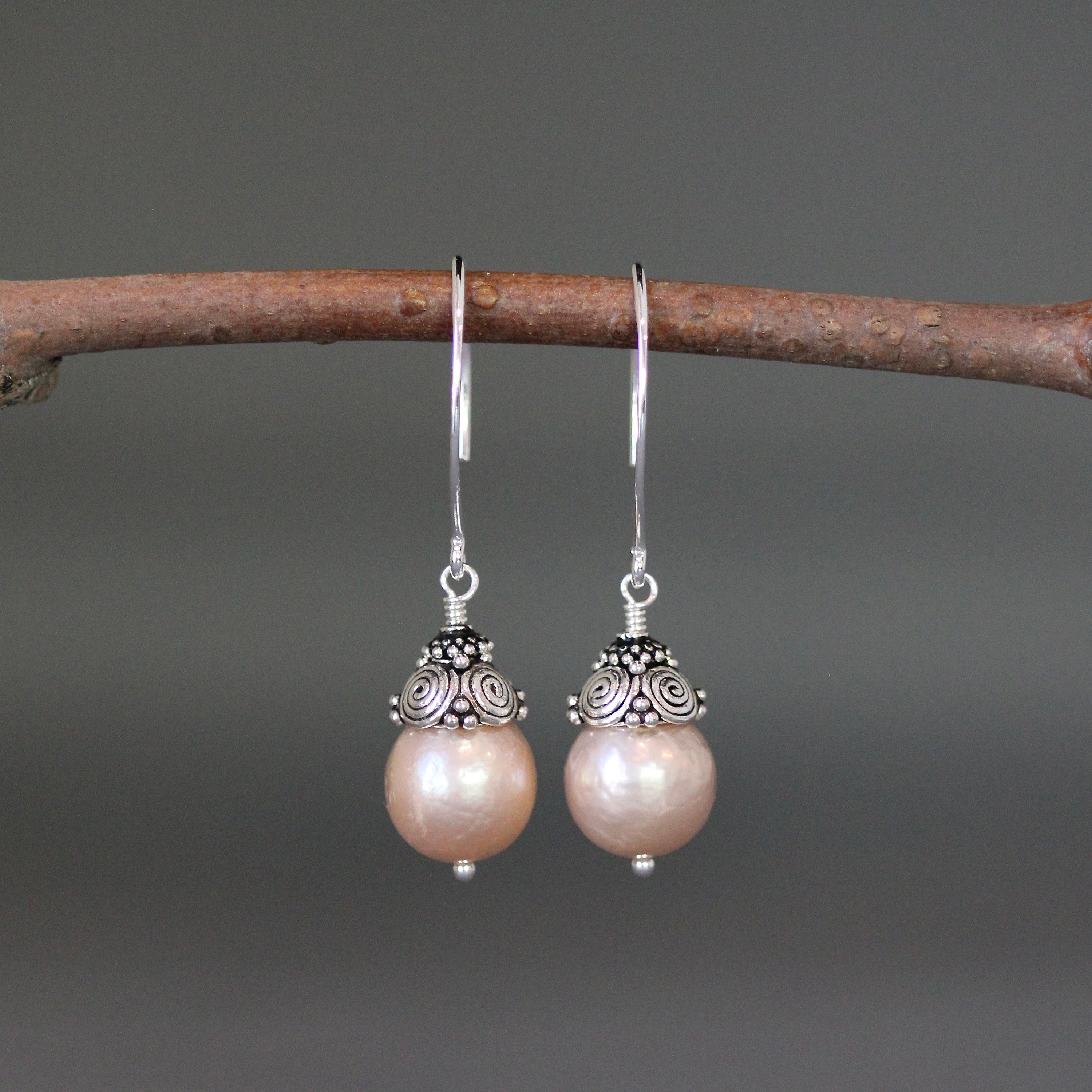 Pink Baroque Freshwater Pearl Earrings with Double Bali Sterling Silver Caps