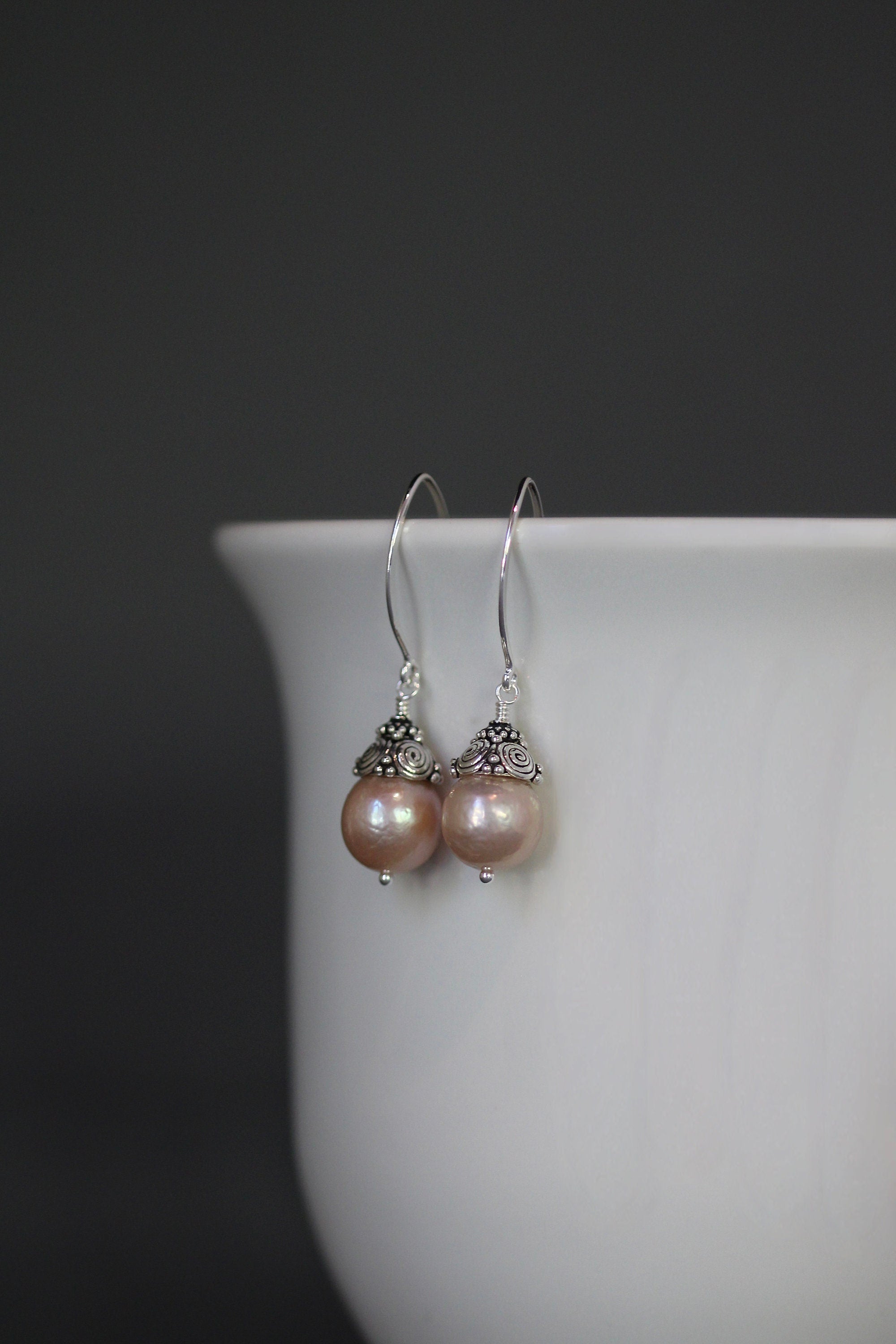 Pink Baroque Freshwater Pearl Earrings with Double Bali Sterling Silver Caps