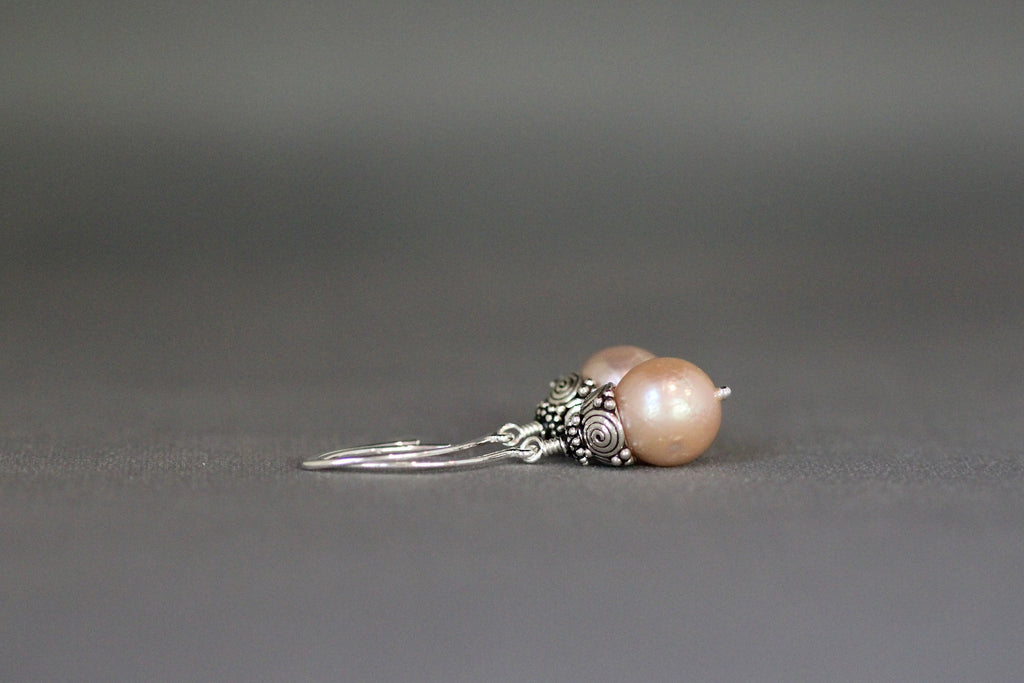 Pink Baroque Freshwater Pearl Earrings with Double Bali Sterling Silver Caps