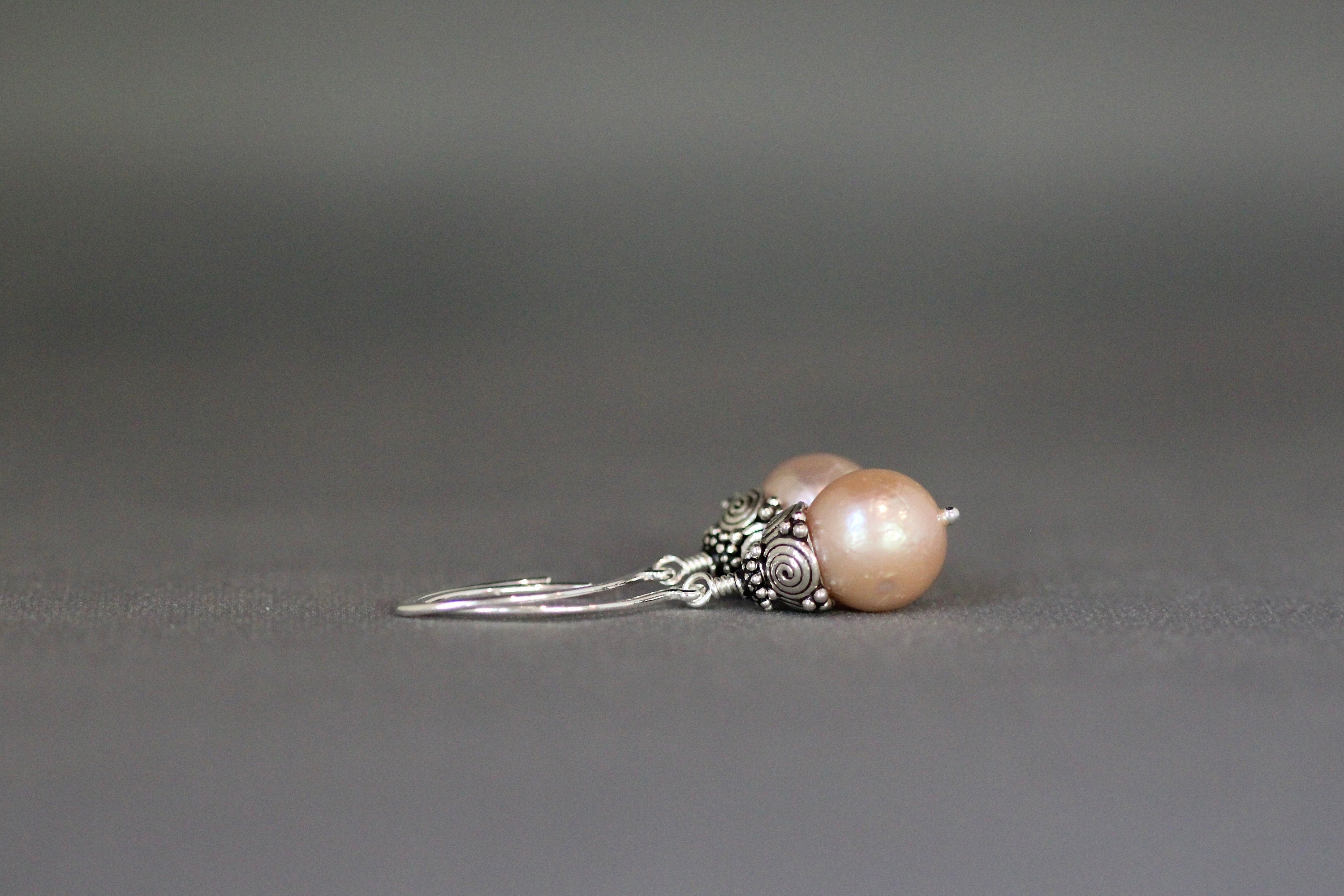 Pink Baroque Freshwater Pearl Earrings with Double Bali Sterling Silver Caps
