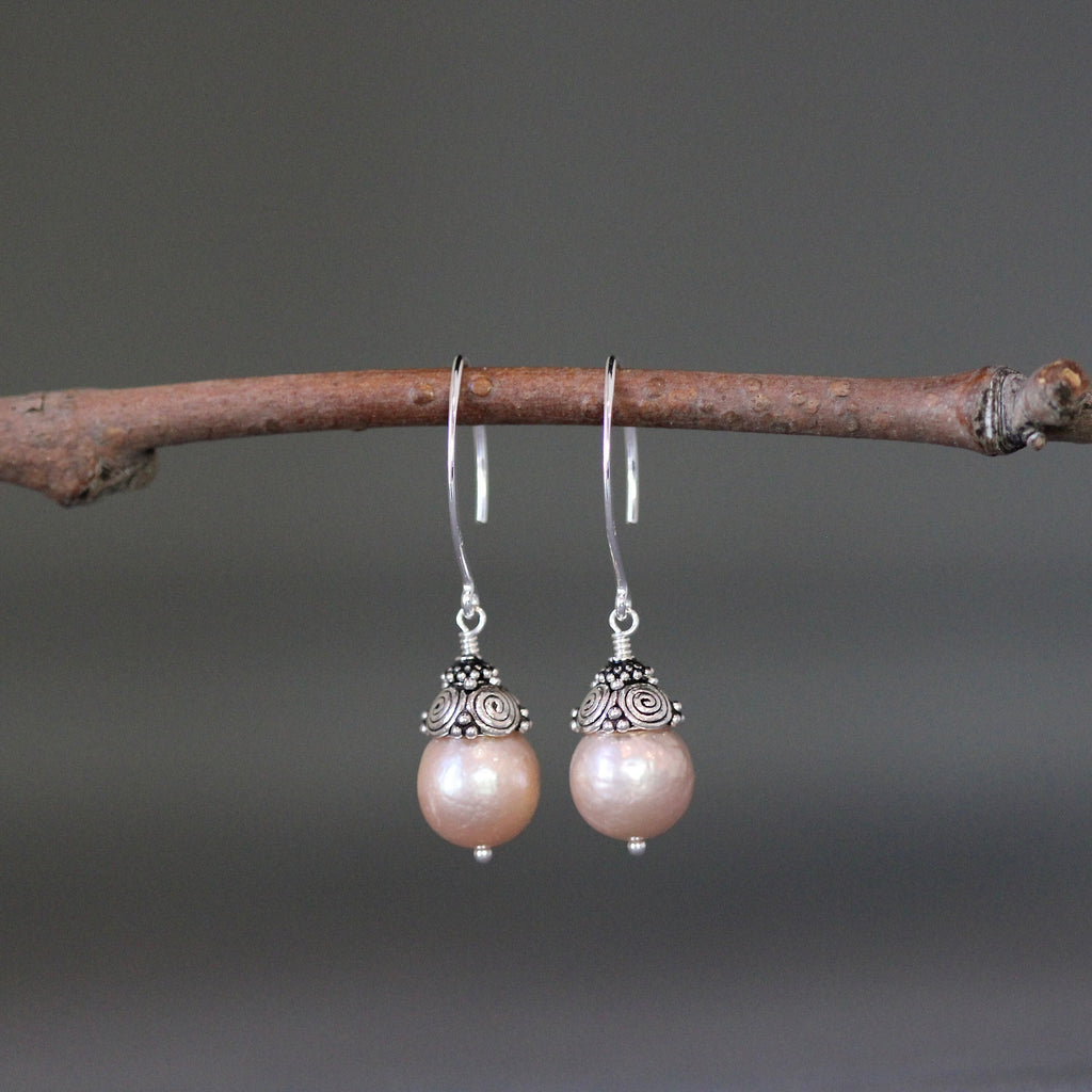 Pink Baroque Freshwater Pearl Earrings with Double Bali Sterling Silver Caps