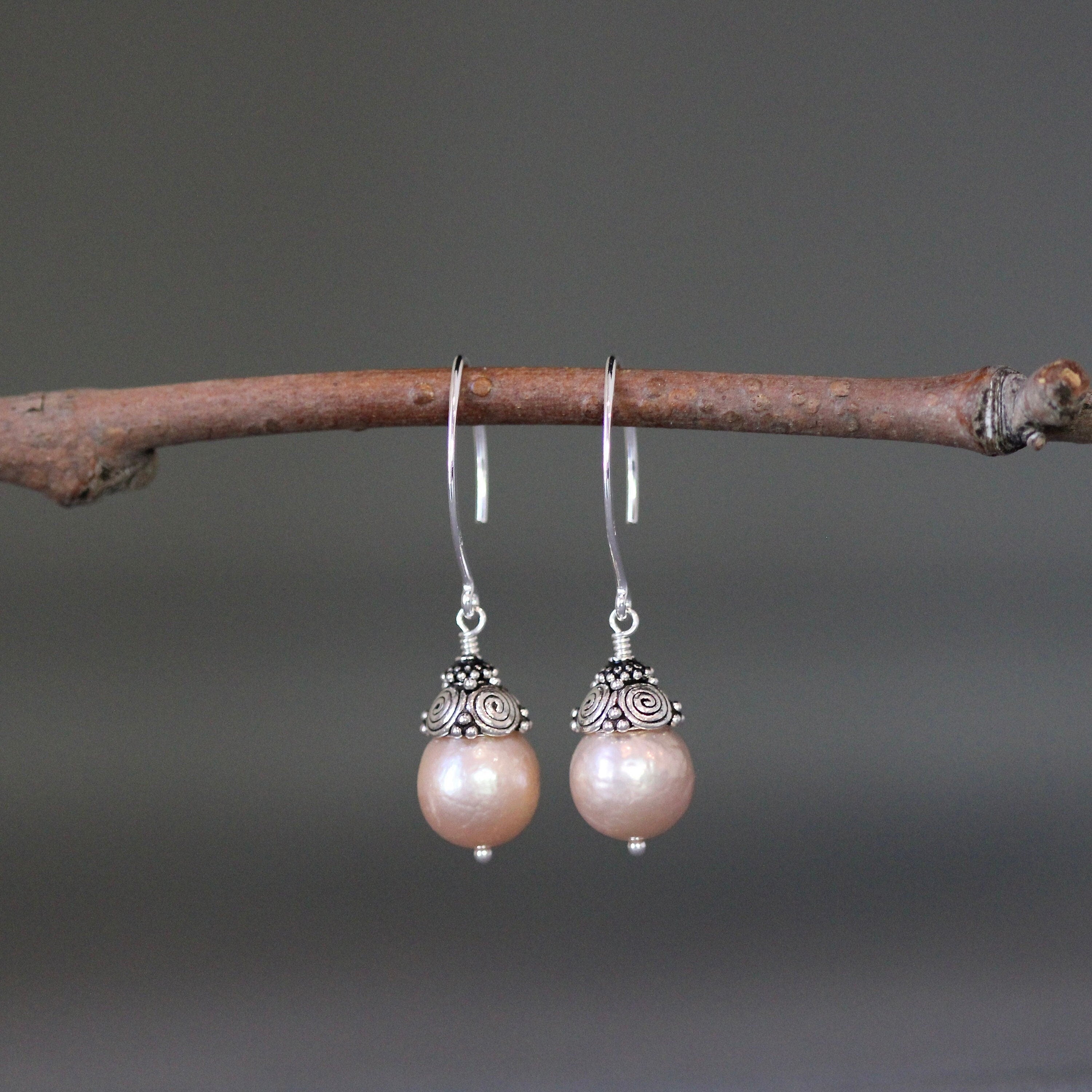 Pink Baroque Freshwater Pearl Earrings with Double Bali Sterling Silver Caps