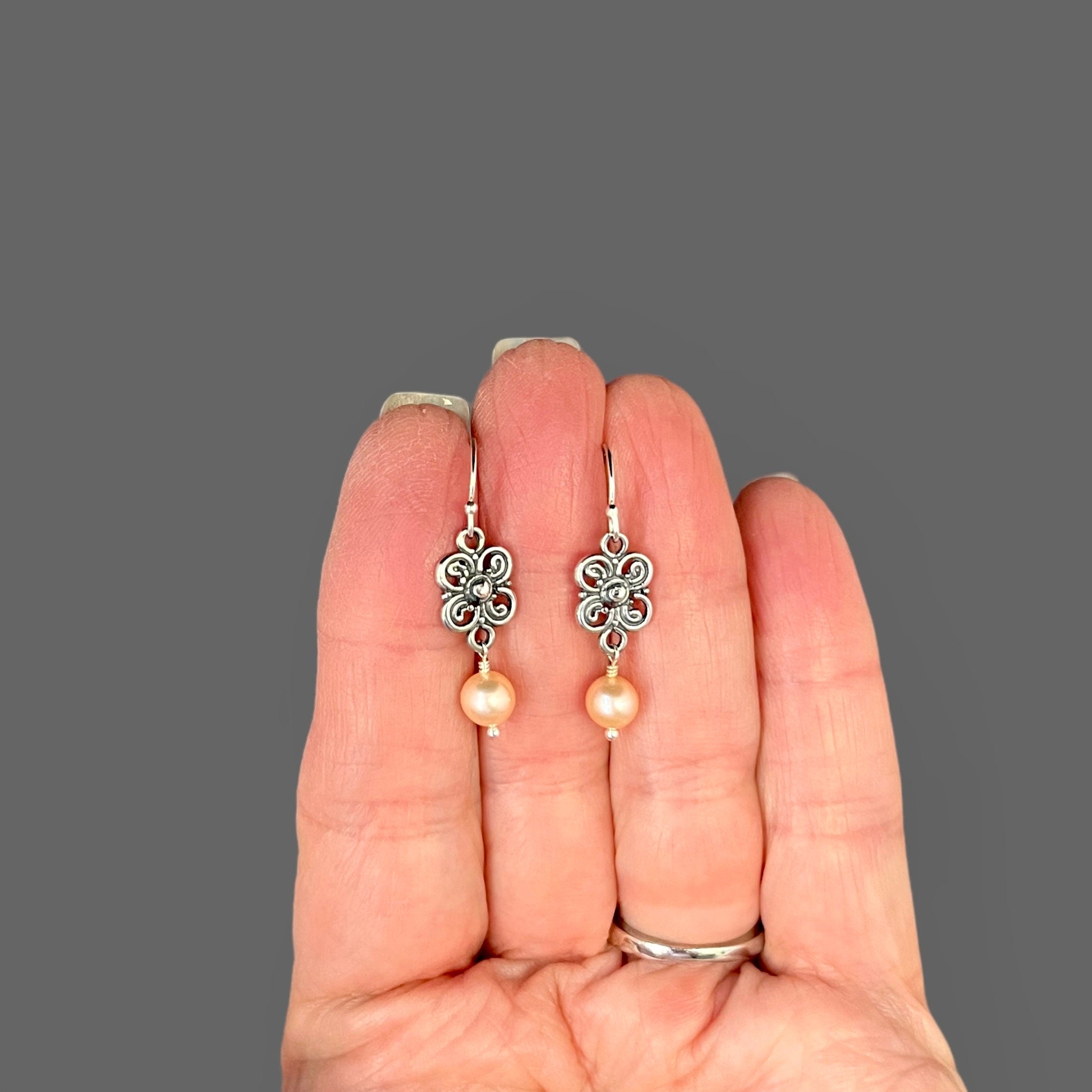 Peach Akoya Pearl Earrings on Bali Sterling Silver Flower Links