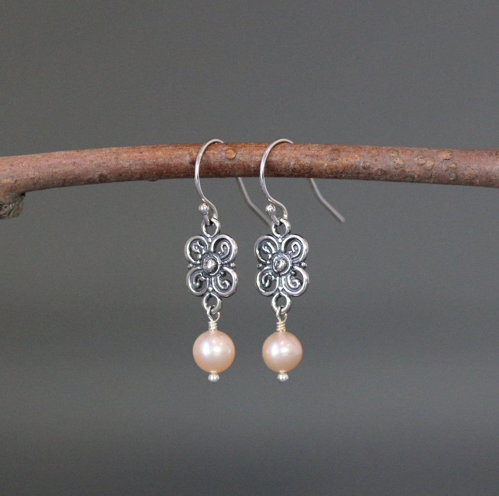 Peach Akoya Pearl Earrings on Bali Sterling Silver Flower Links