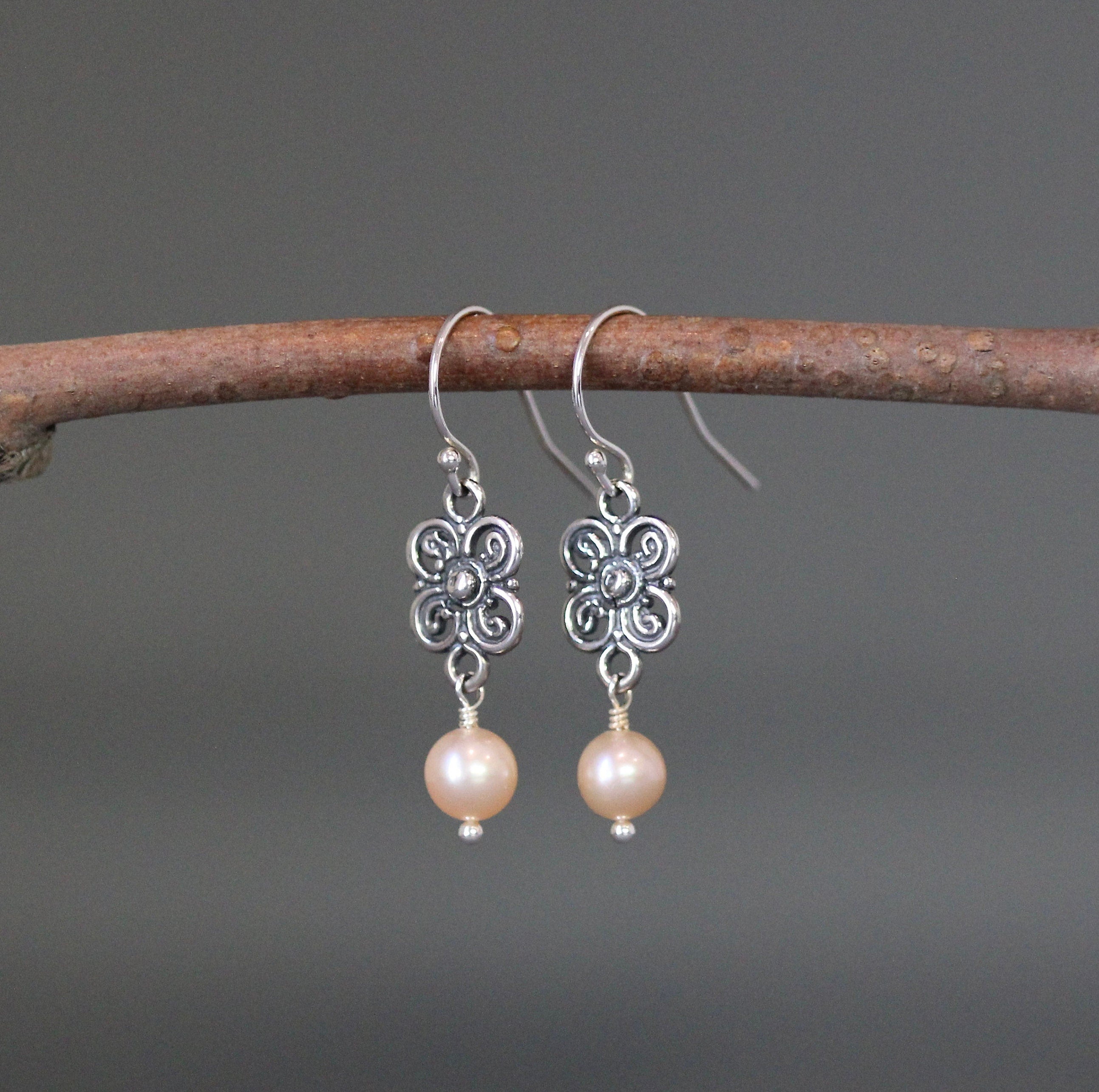 Peach Akoya Pearl Earrings on Bali Sterling Silver Flower Links
