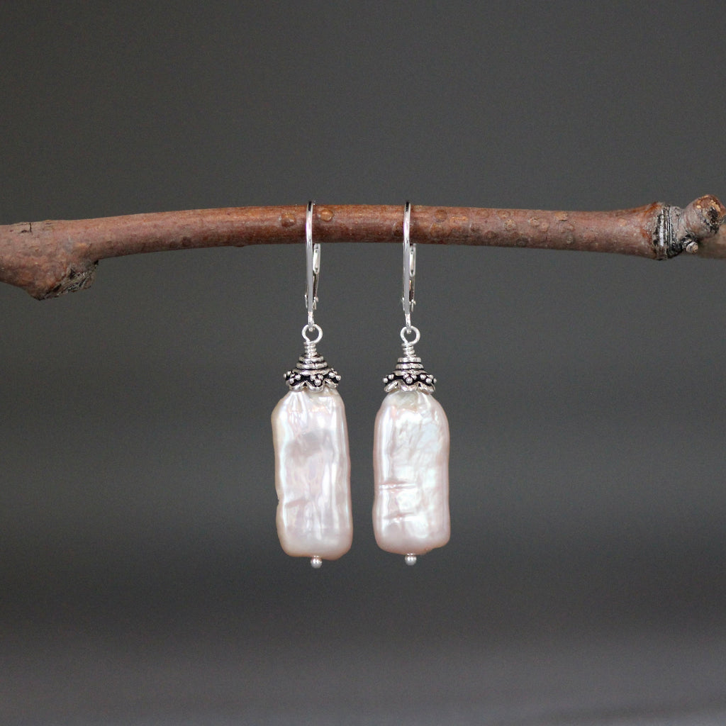 Blush Pink Rectangle Freshwater Pearl Earrings with Sterling Silver Bali Caps