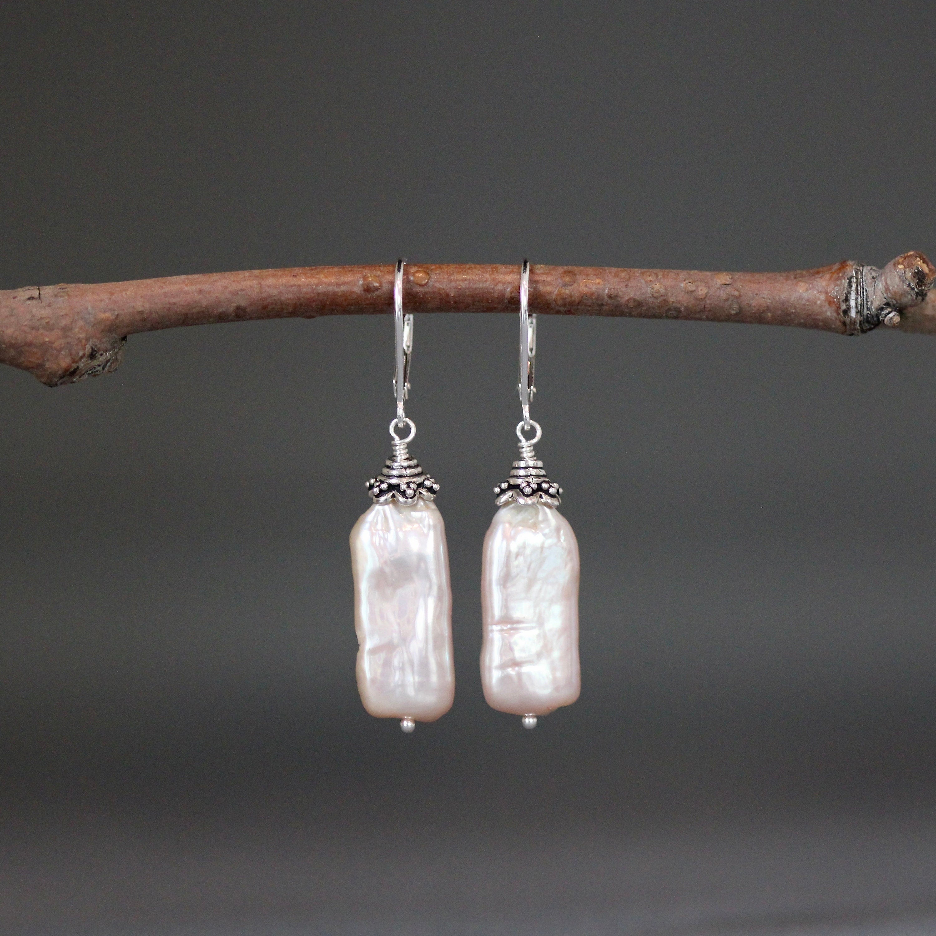 Blush Pink Rectangle Freshwater Pearl Earrings with Sterling Silver Bali Caps