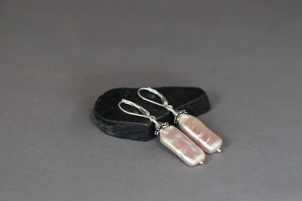 Blush Pink Rectangle Freshwater Pearl Earrings with Sterling Silver Bali Caps