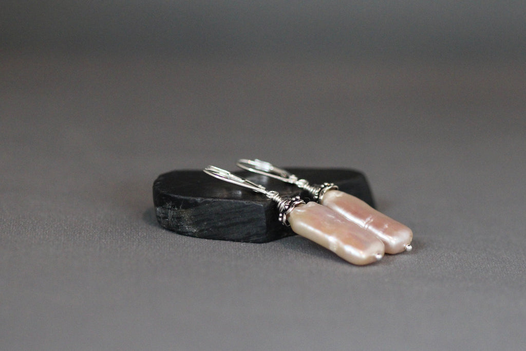 Blush Pink Rectangle Freshwater Pearl Earrings with Sterling Silver Bali Caps