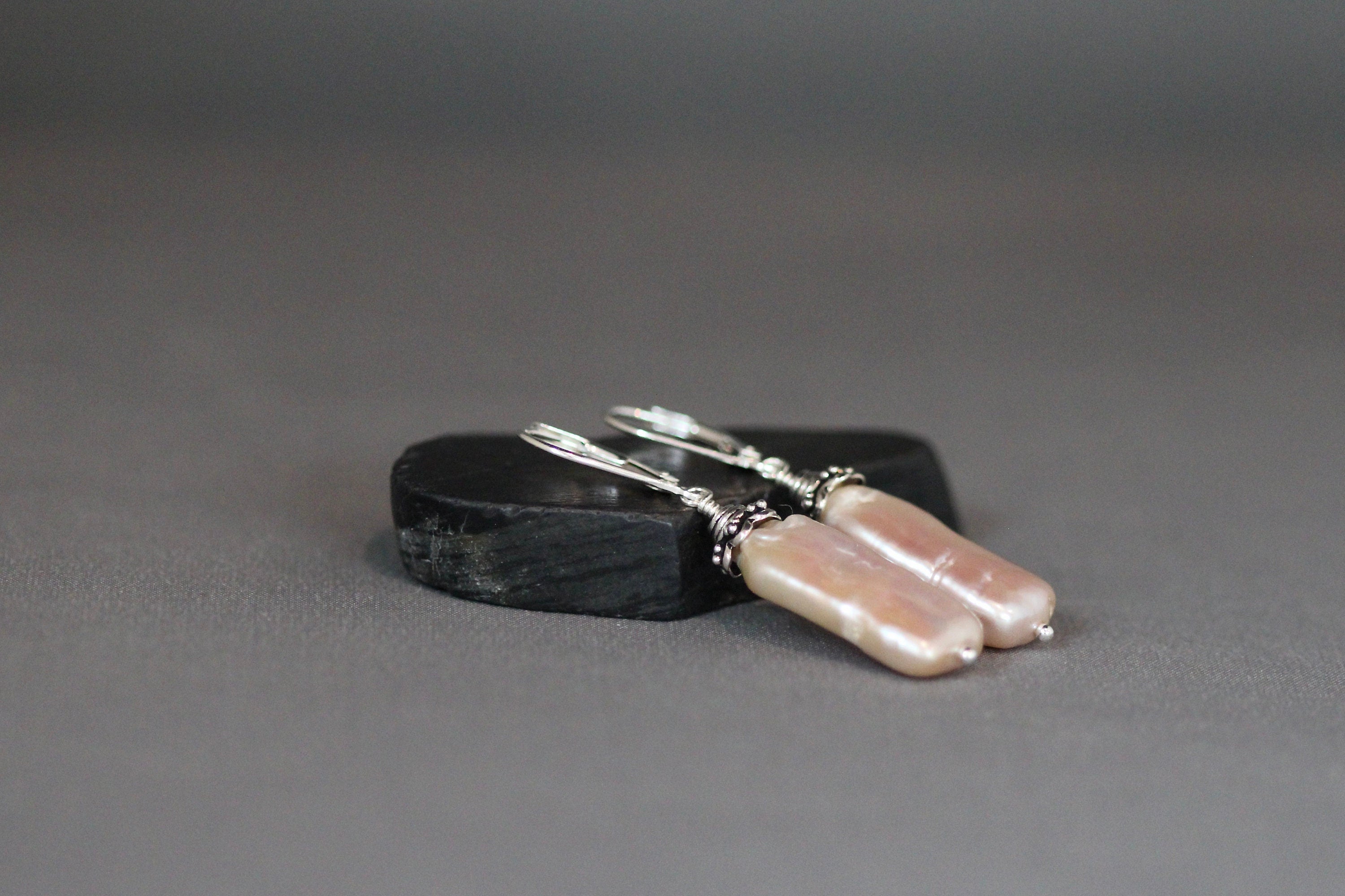 Blush Pink Rectangle Freshwater Pearl Earrings with Sterling Silver Bali Caps