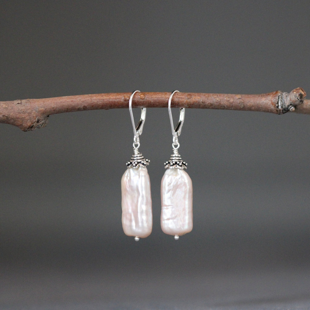 Blush Pink Rectangle Freshwater Pearl Earrings with Sterling Silver Bali Caps