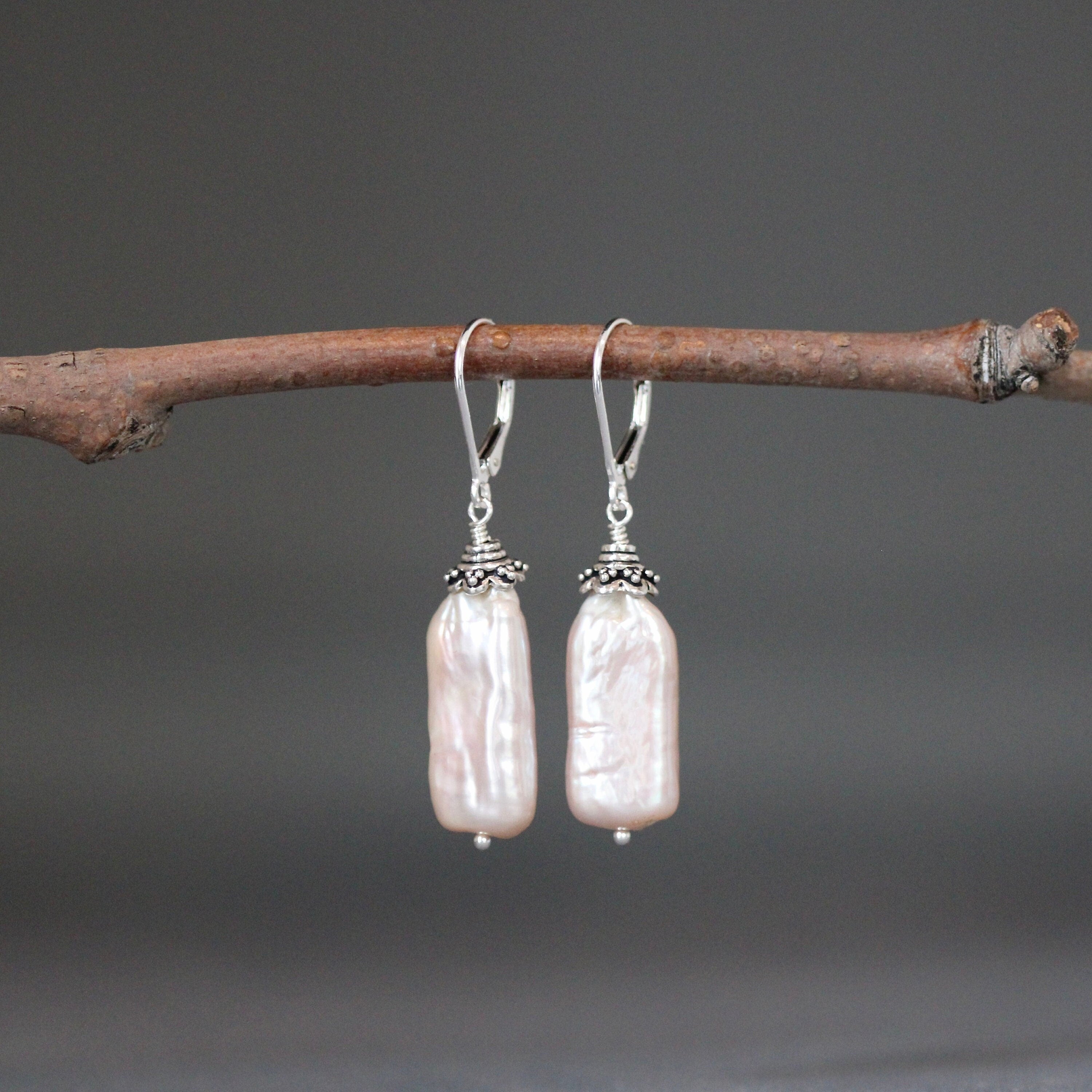 Blush Pink Rectangle Freshwater Pearl Earrings with Sterling Silver Bali Caps