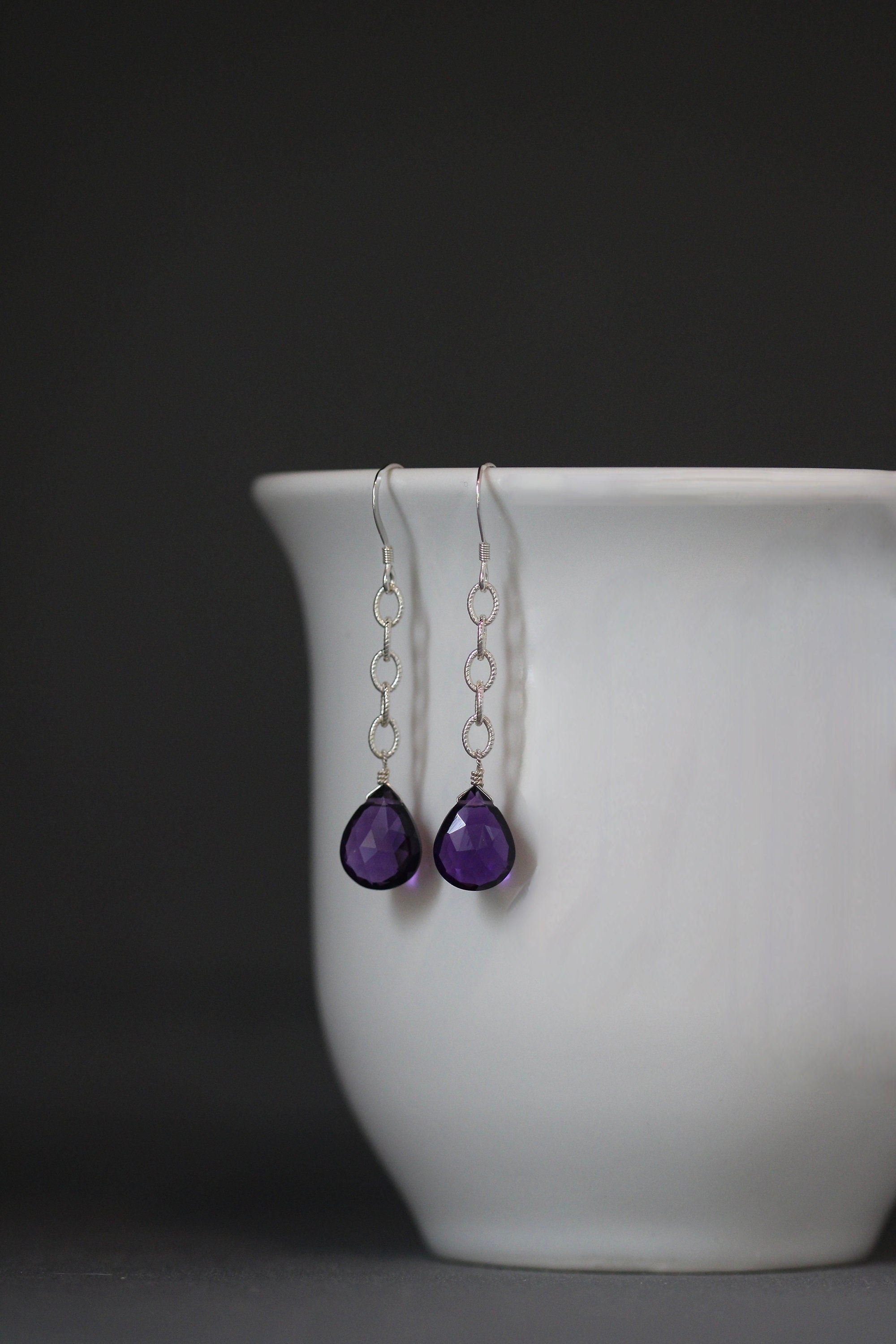 Amethyst Teardrop and Sterling Silver Open Link Chain Dangle Earrings