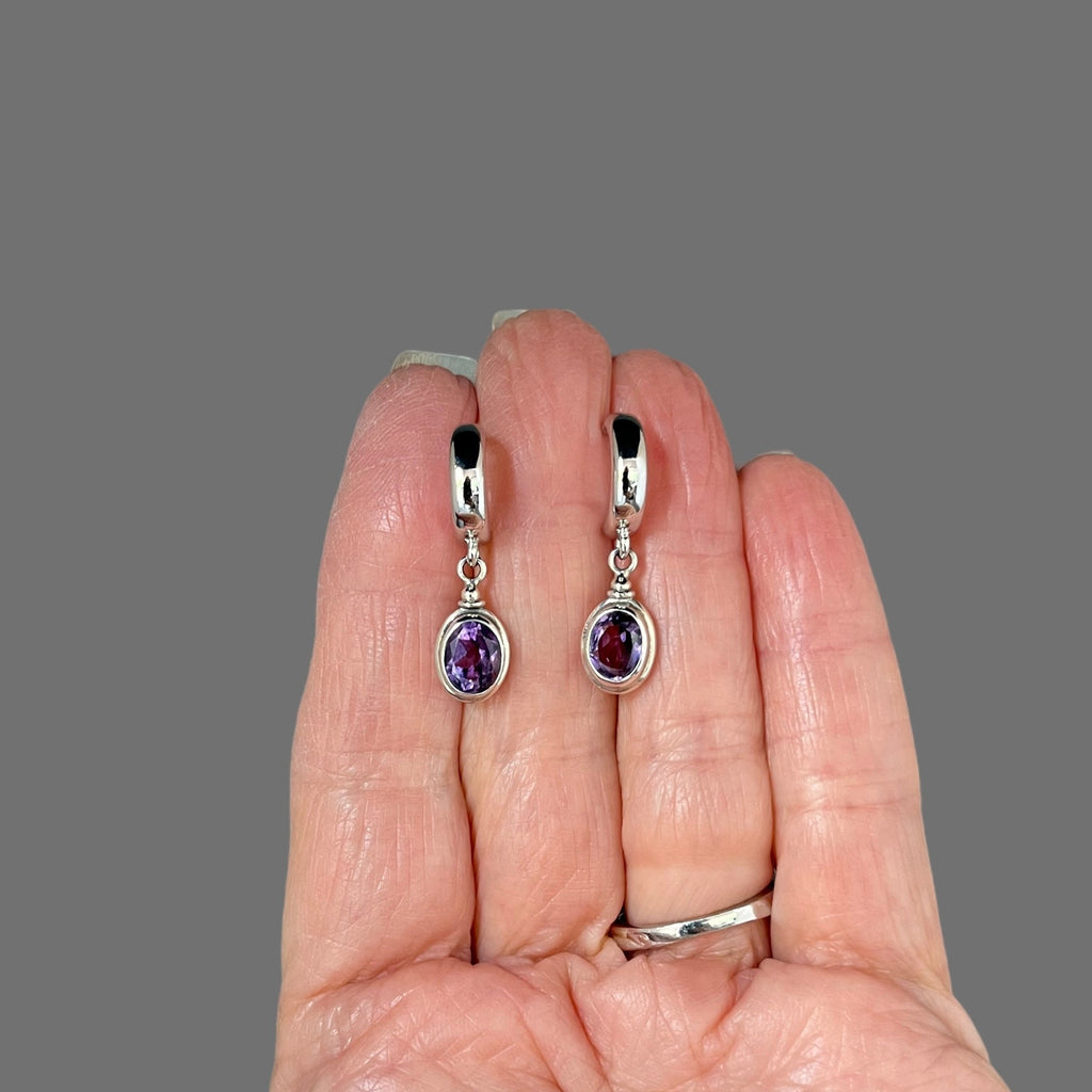 Amethyst Oval Bezel and Bali Sterling Silver Charm Earrings on Post Hoops