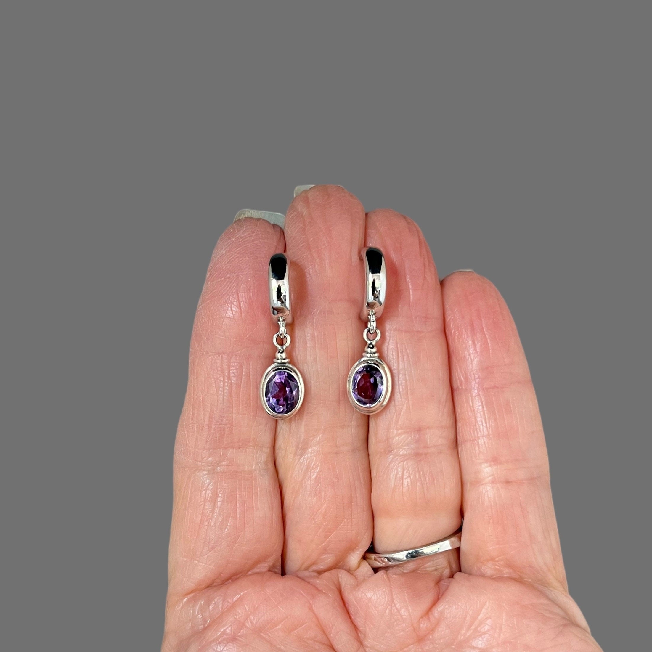 Amethyst Oval Bezel and Bali Sterling Silver Charm Earrings on Post Hoops