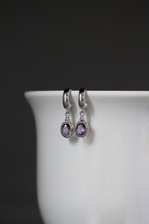 Amethyst Oval Bezel and Bali Sterling Silver Charm Earrings on Post Hoops