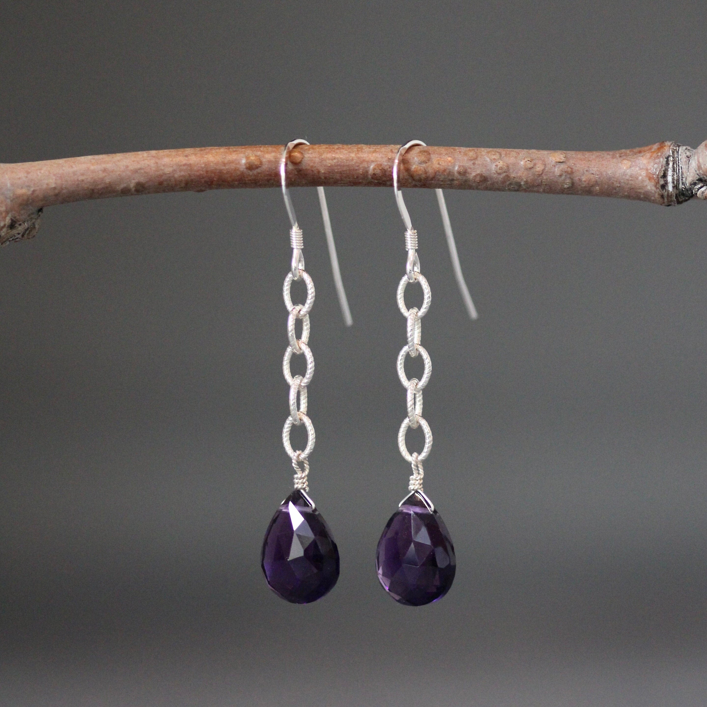 Amethyst Teardrop and Sterling Silver Open Link Chain Dangle Earrings