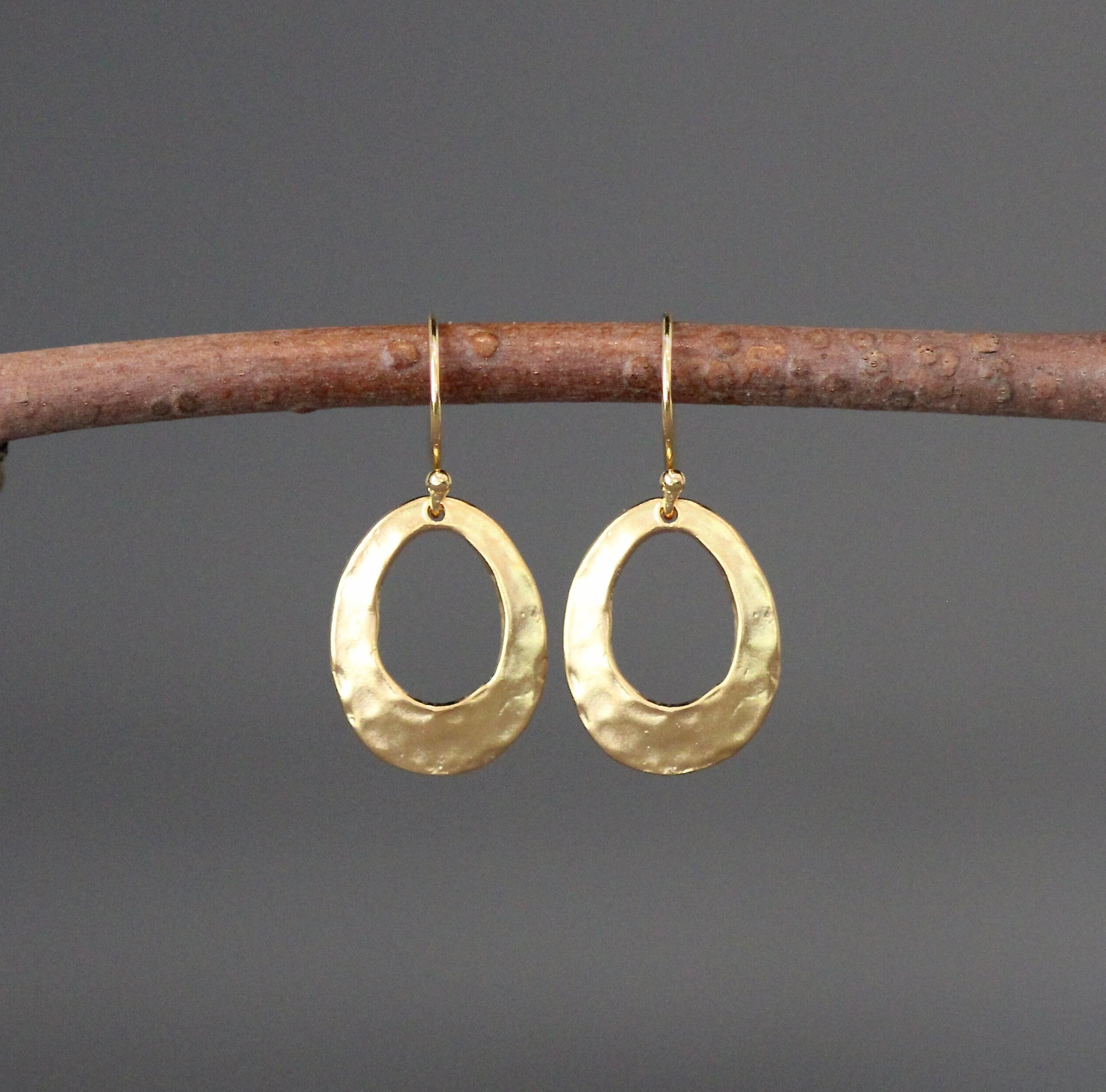 Hammered Matte Gold Vermeil Oval Dangle Earrings