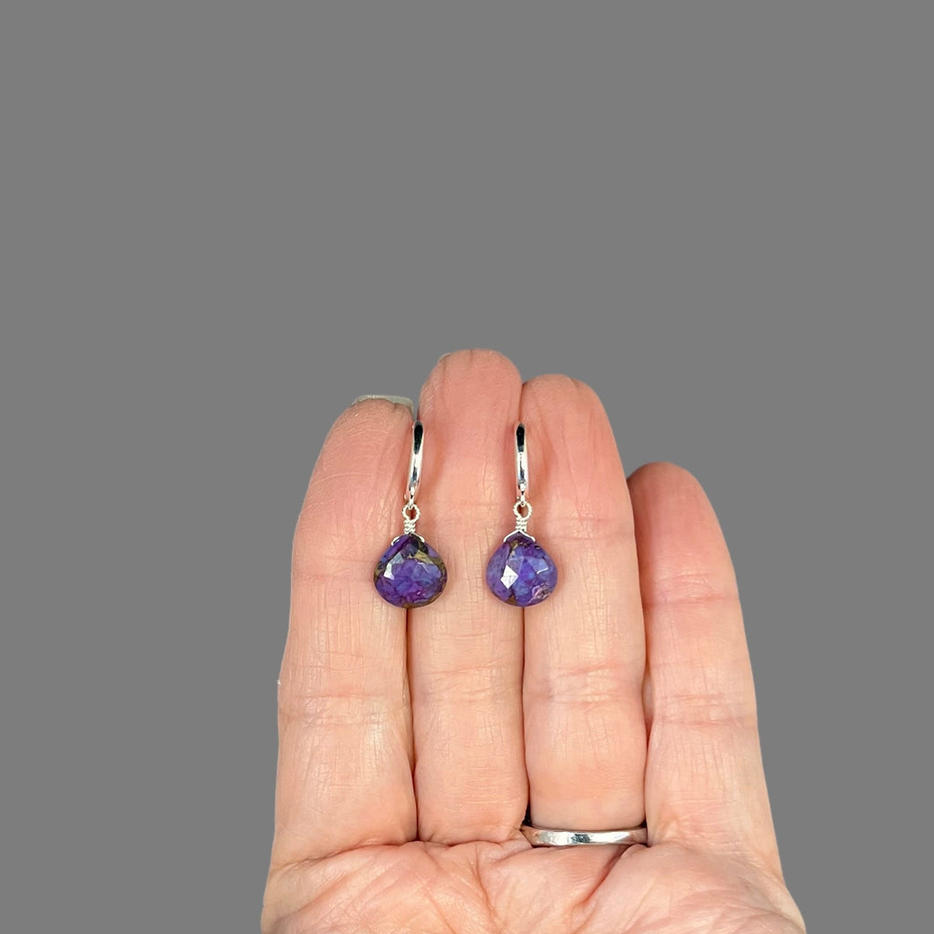 Purple Copper Turquoise Teardrop Earrings on Sterling Silver Huggie Hoops