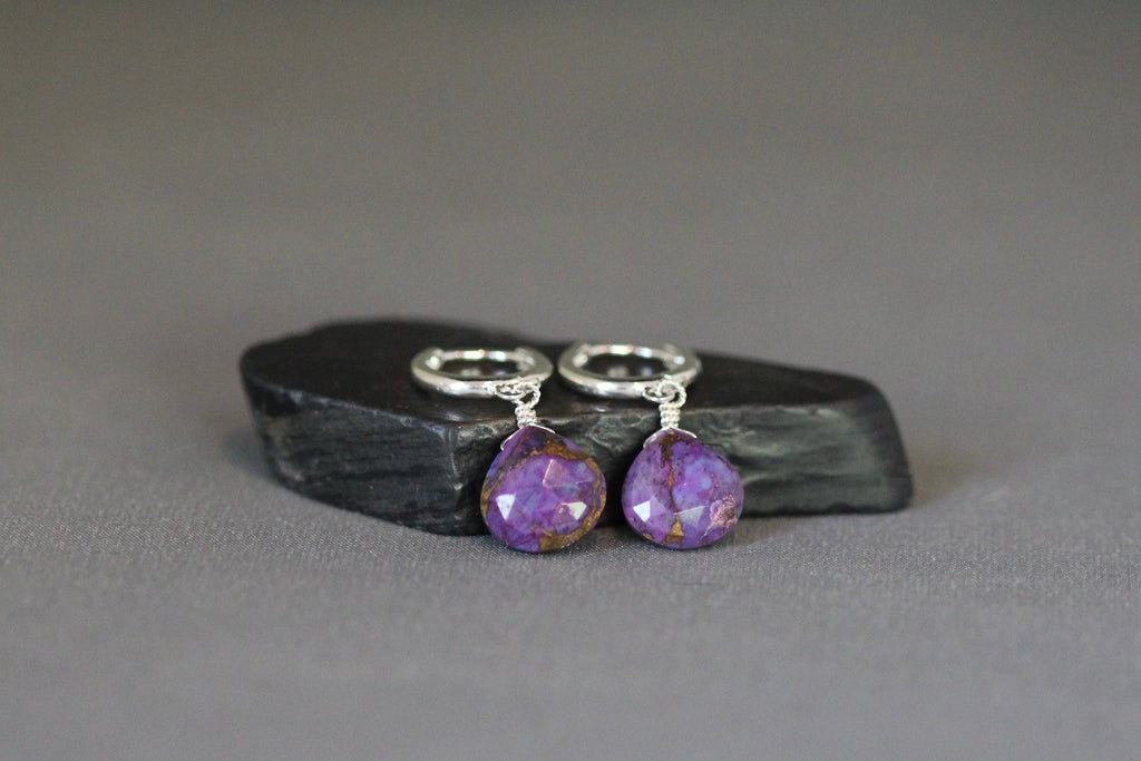 Purple Copper Turquoise Teardrop Earrings on Sterling Silver Huggie Hoops