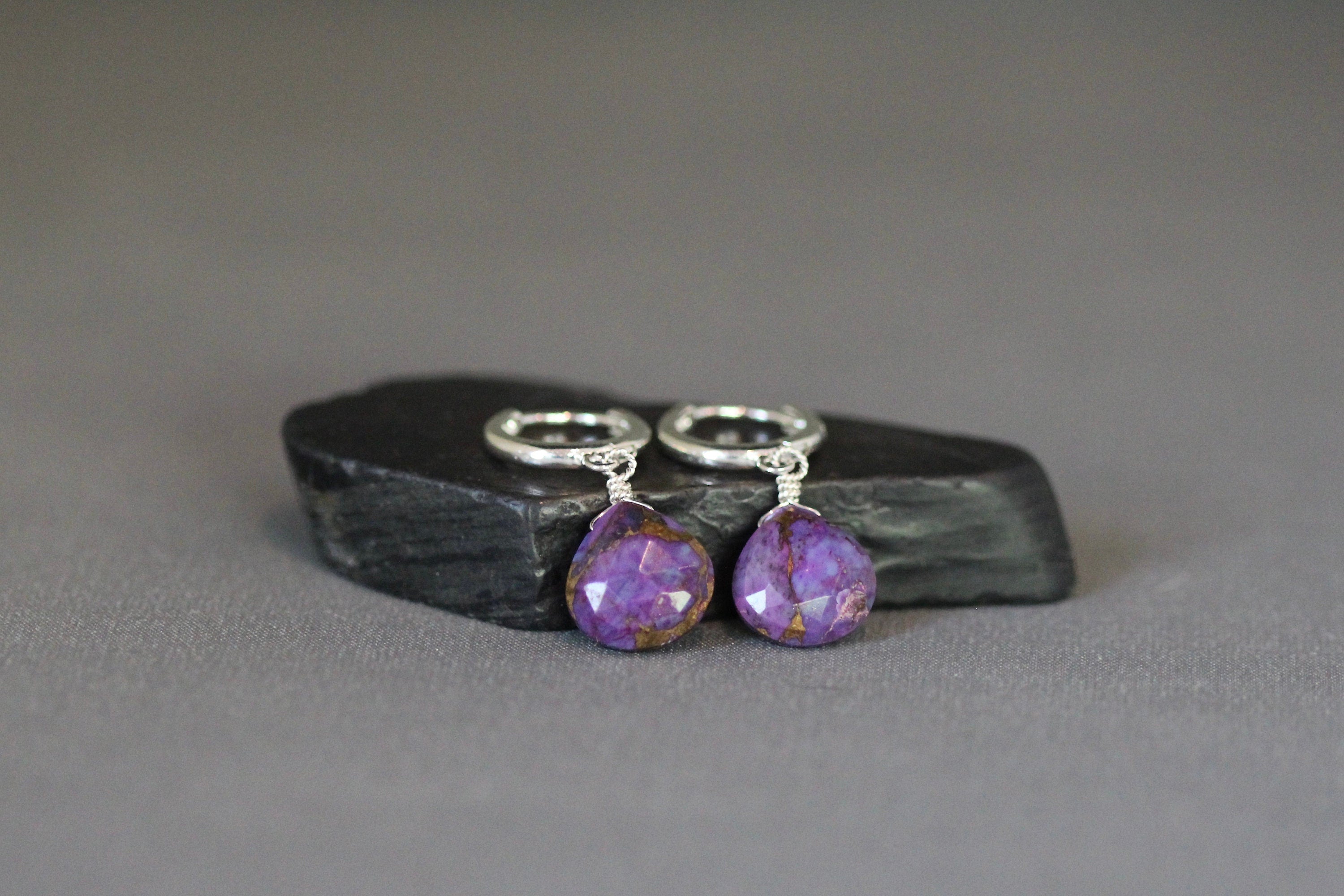 Purple Copper Turquoise Teardrop Earrings on Sterling Silver Huggie Hoops