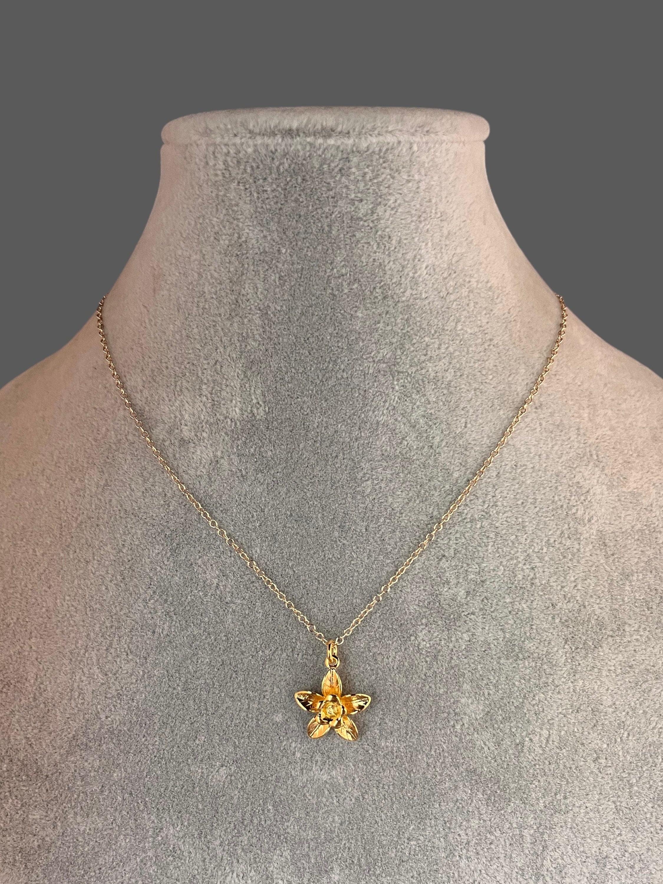 Gold Vermeil Three-Dimensional Five-Petal Flower Pendant Necklace