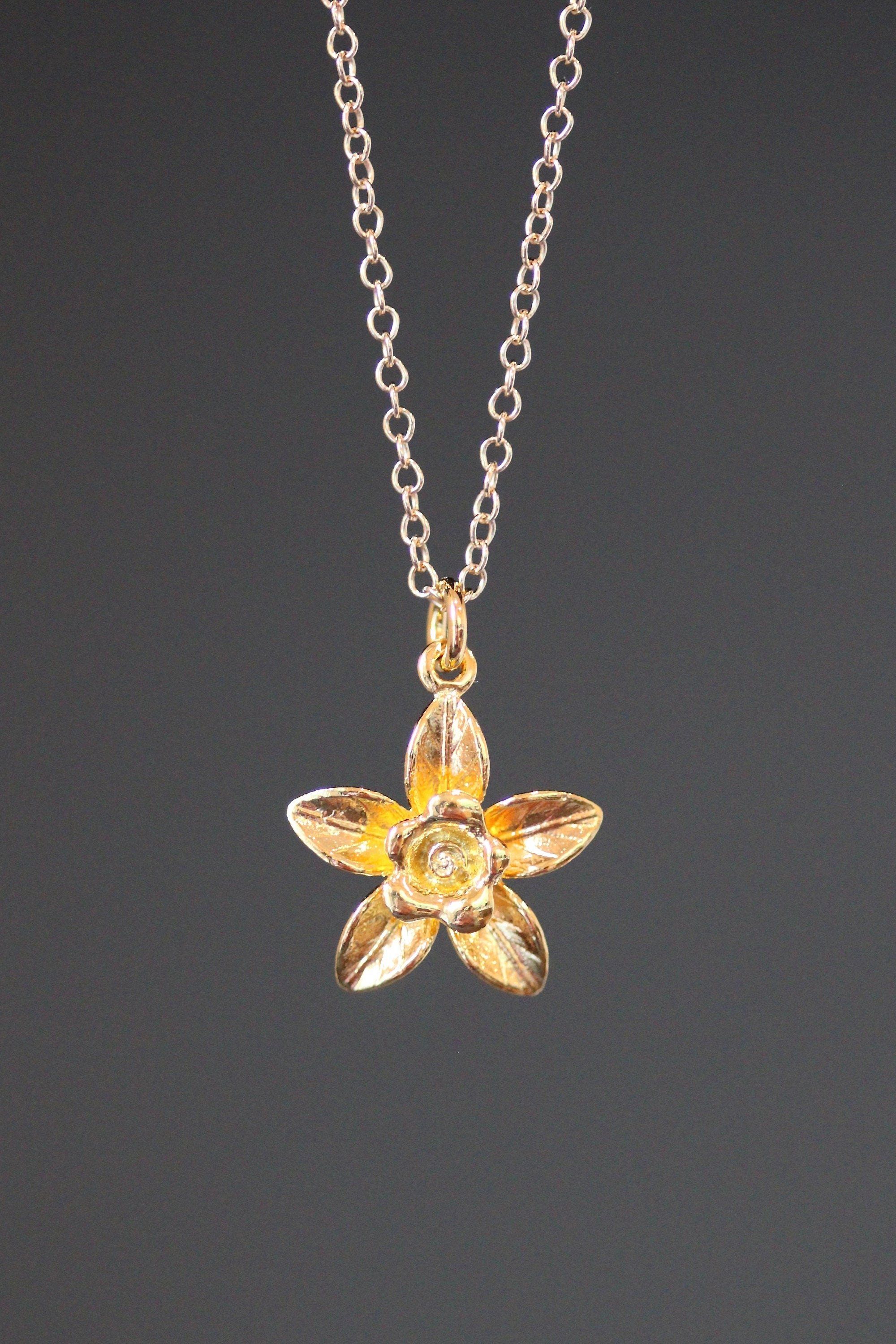Gold Vermeil Three-Dimensional Five-Petal Flower Pendant Necklace