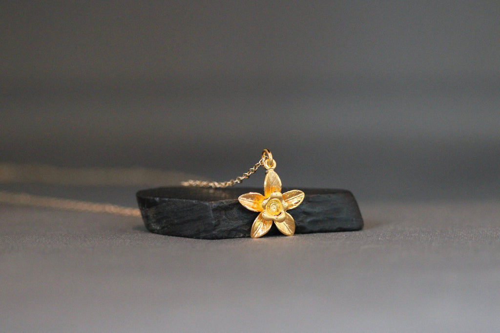 Gold Vermeil Three-Dimensional Five-Petal Flower Pendant Necklace