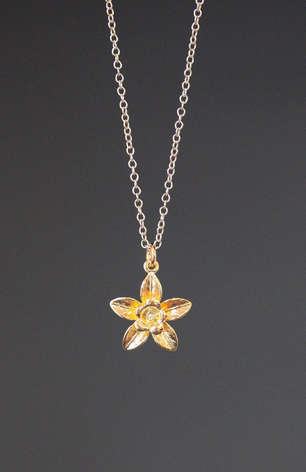 Gold Vermeil Three-Dimensional Five-Petal Flower Pendant Necklace