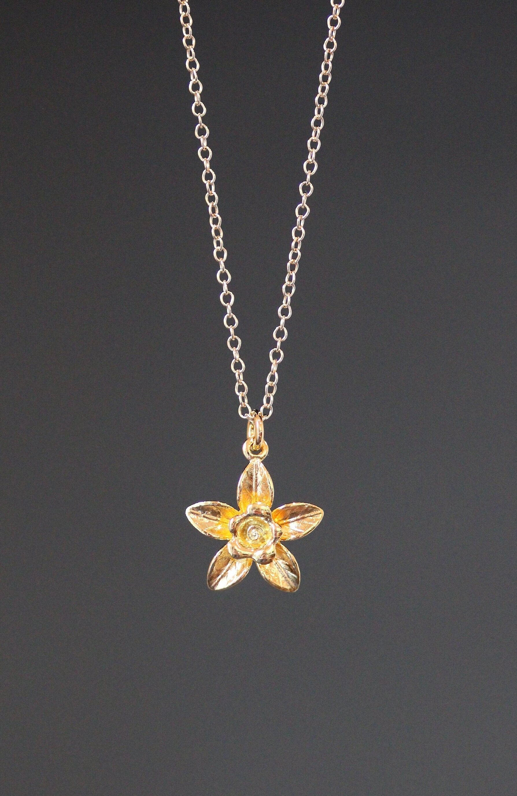 Gold Vermeil Three-Dimensional Five-Petal Flower Pendant Necklace